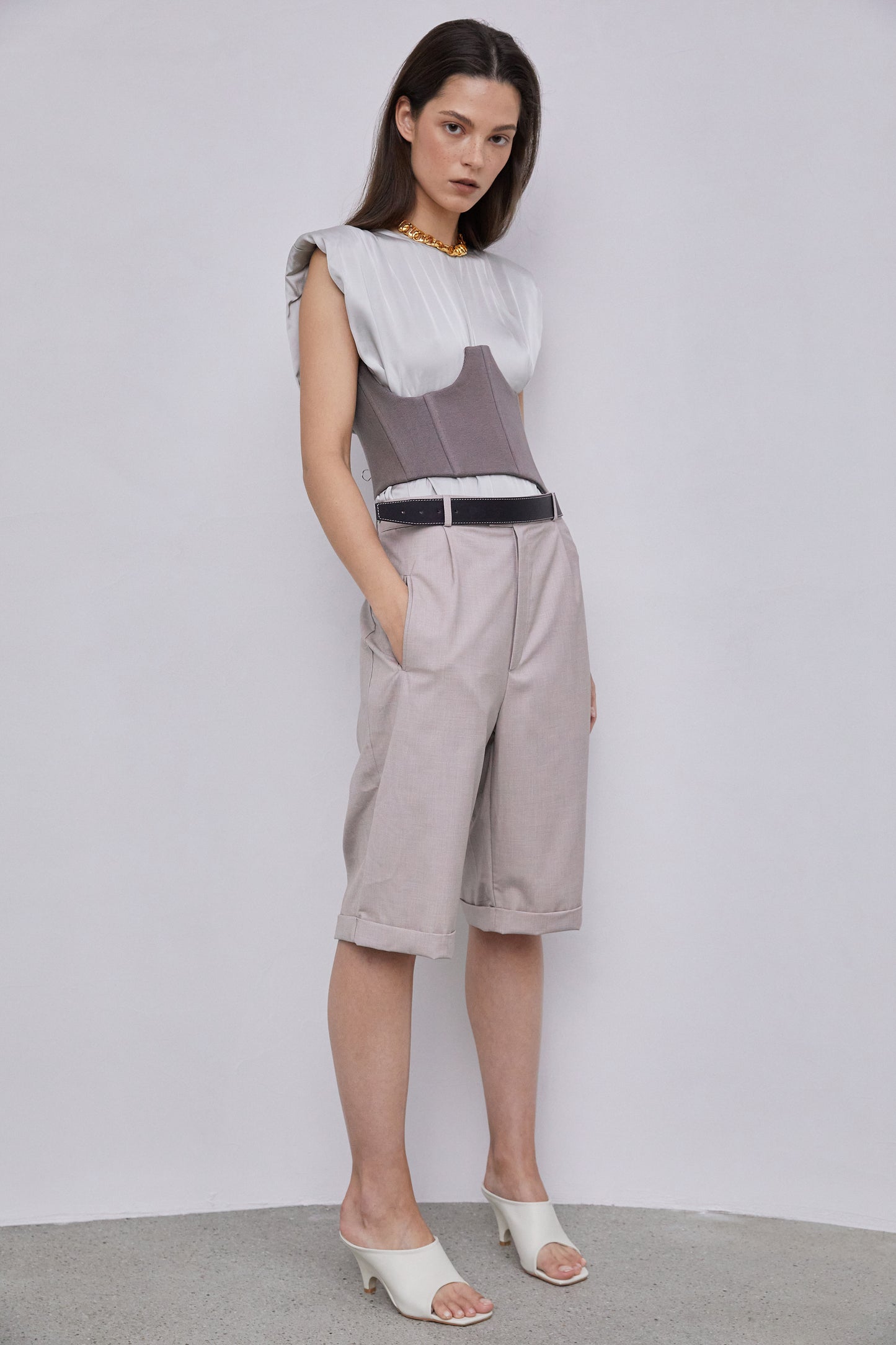 Belted Bermuda Shorts With Exposed Lining, Light Beige