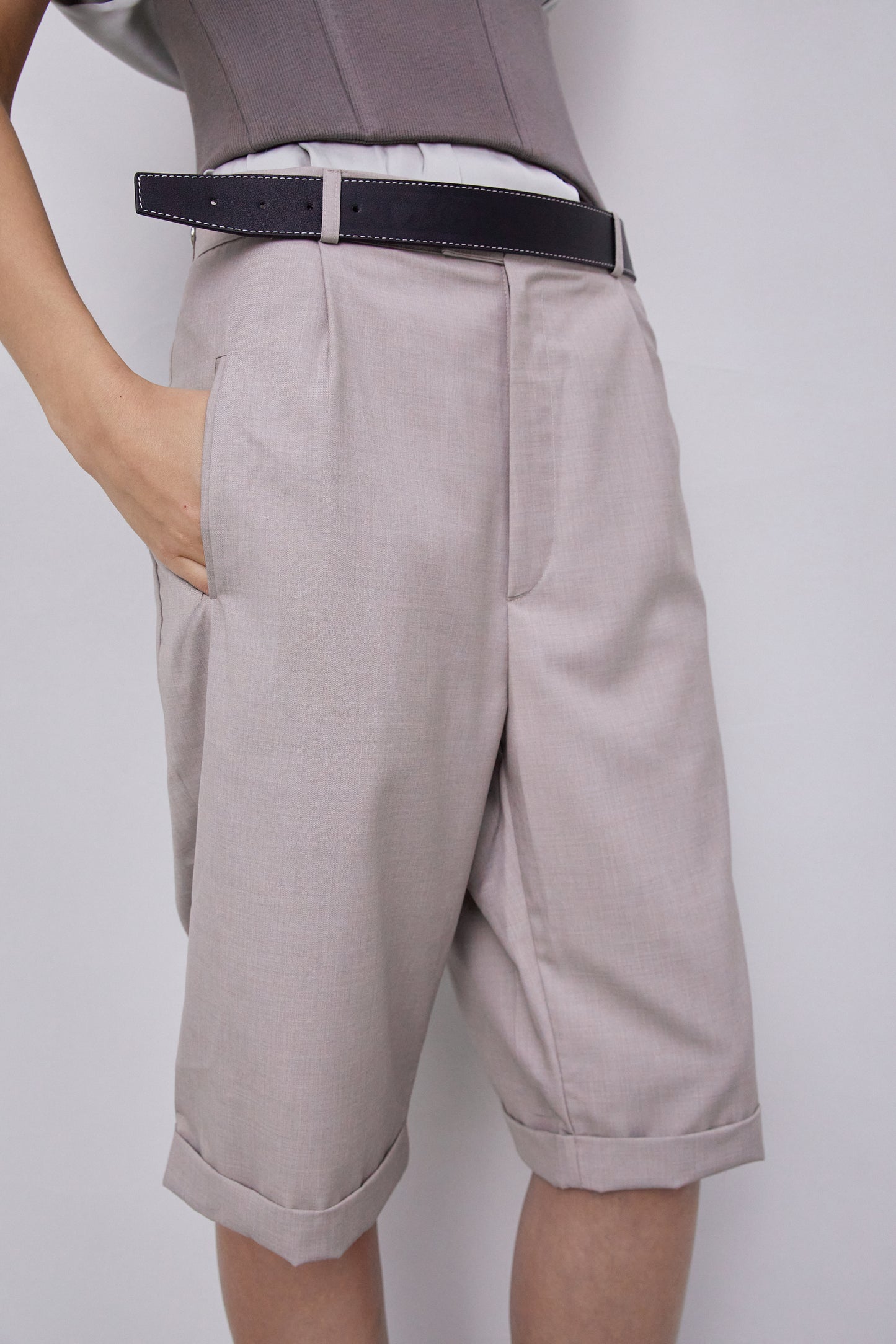 Belted Bermuda Shorts With Exposed Lining, Light Beige