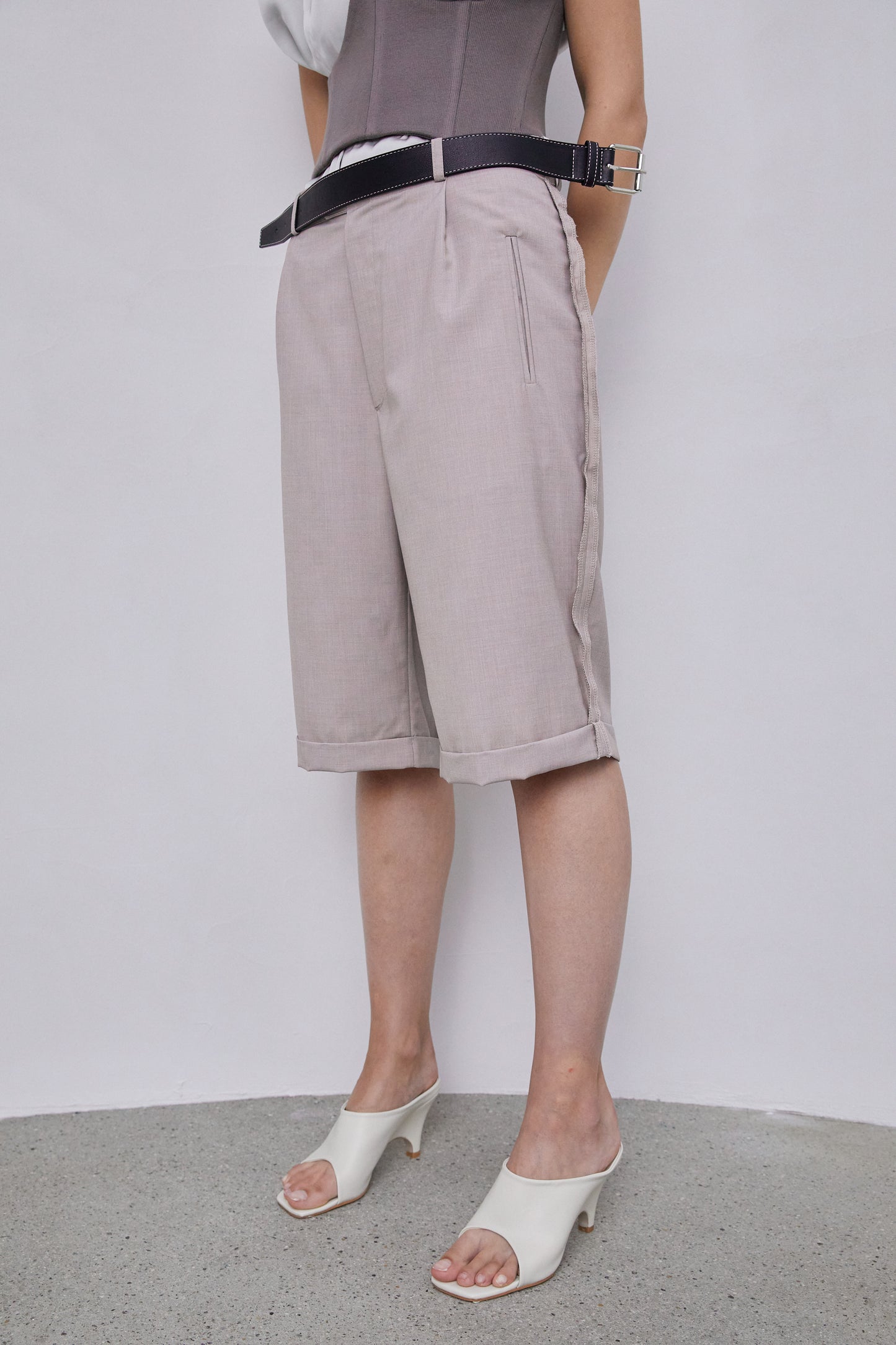 Belted Bermuda Shorts With Exposed Lining, Light Beige