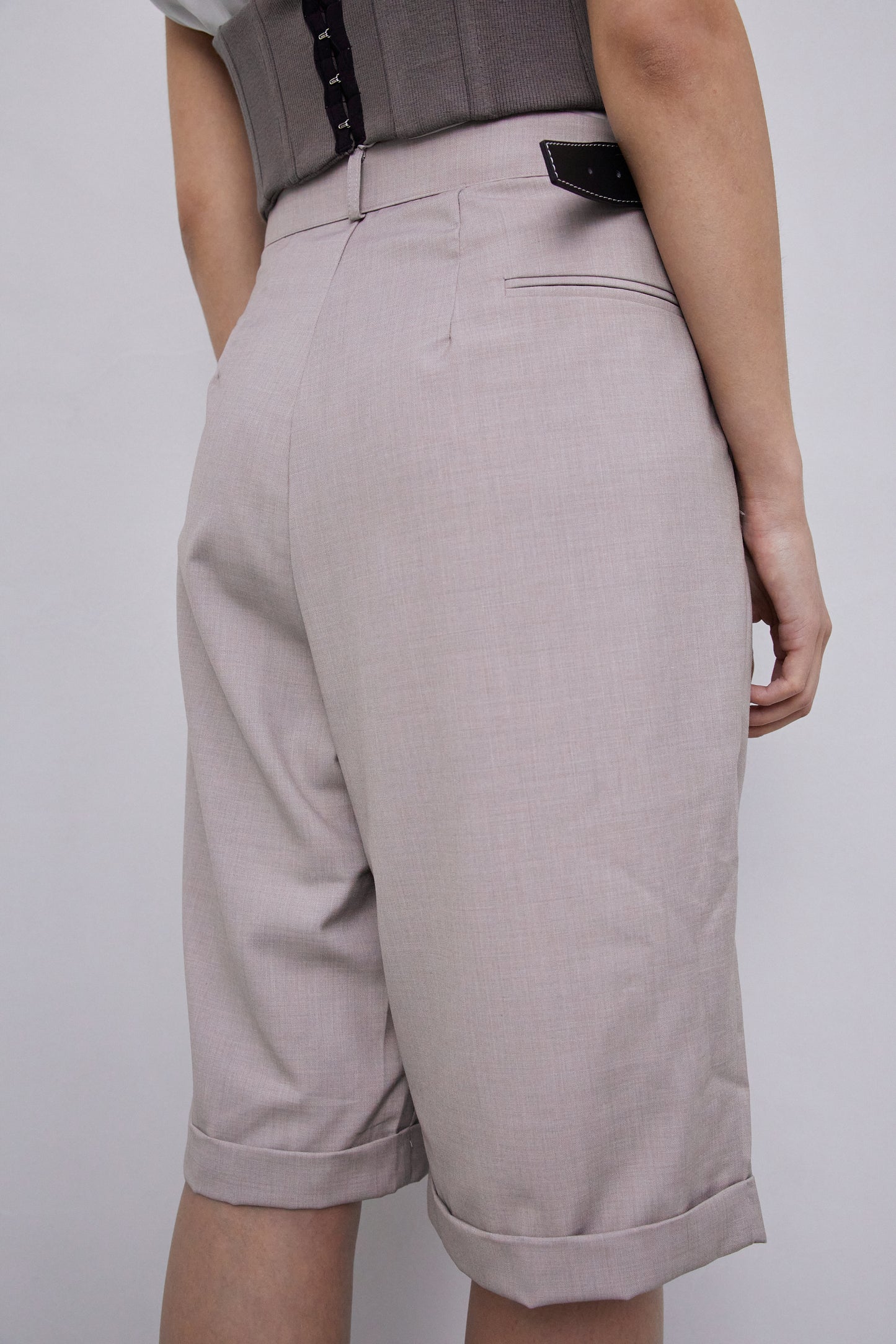 Belted Bermuda Shorts With Exposed Lining, Light Beige