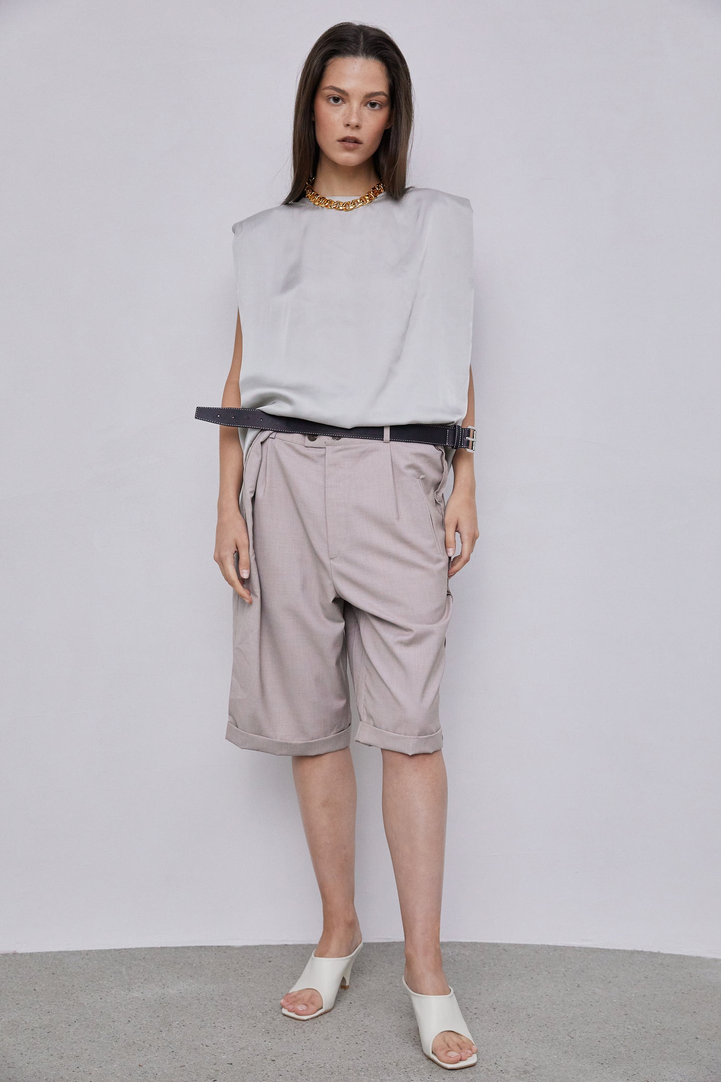 Padded Shoulder Satin Muscle Top, Silver Grey