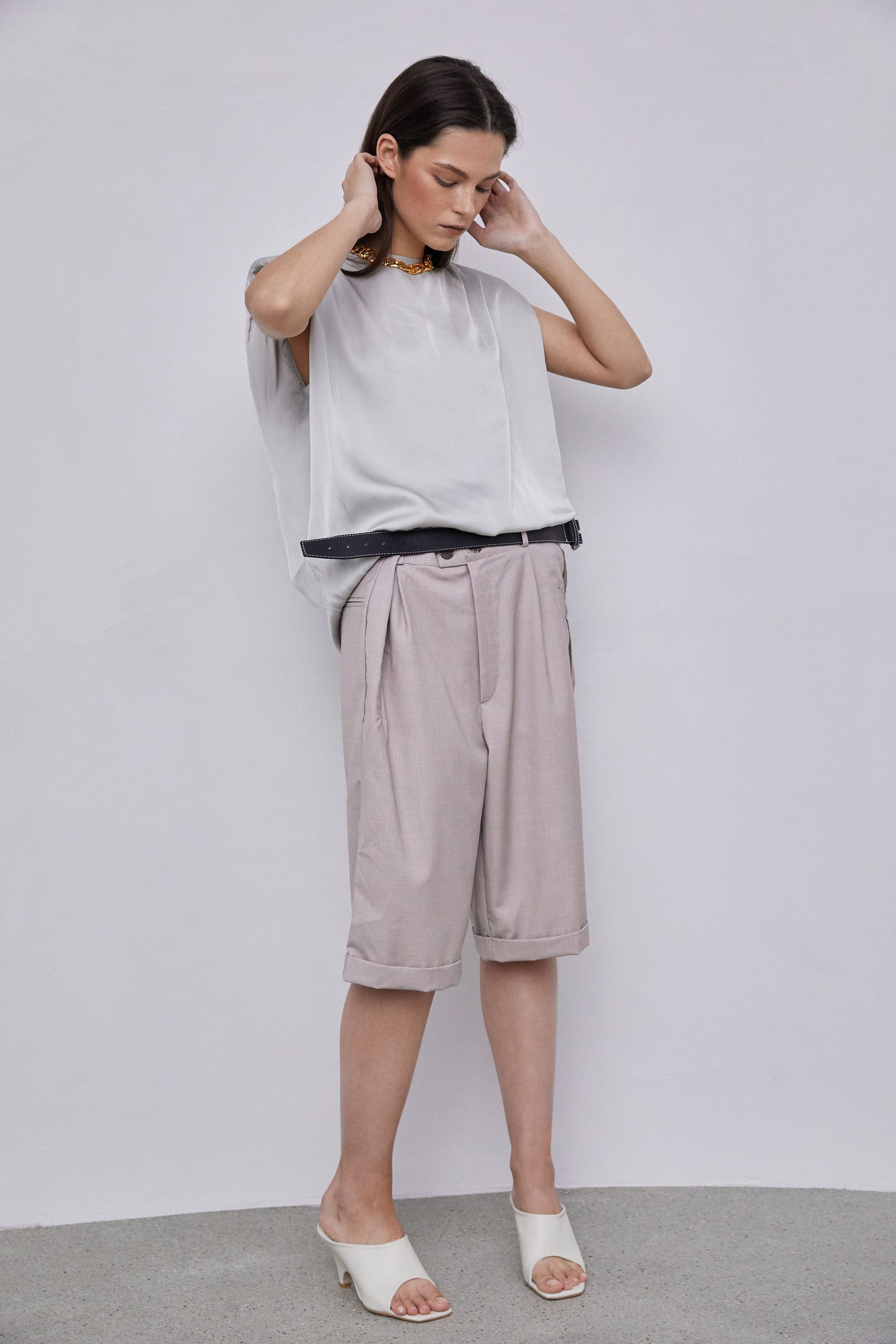 Padded Shoulder Satin Muscle Top, Silver Grey