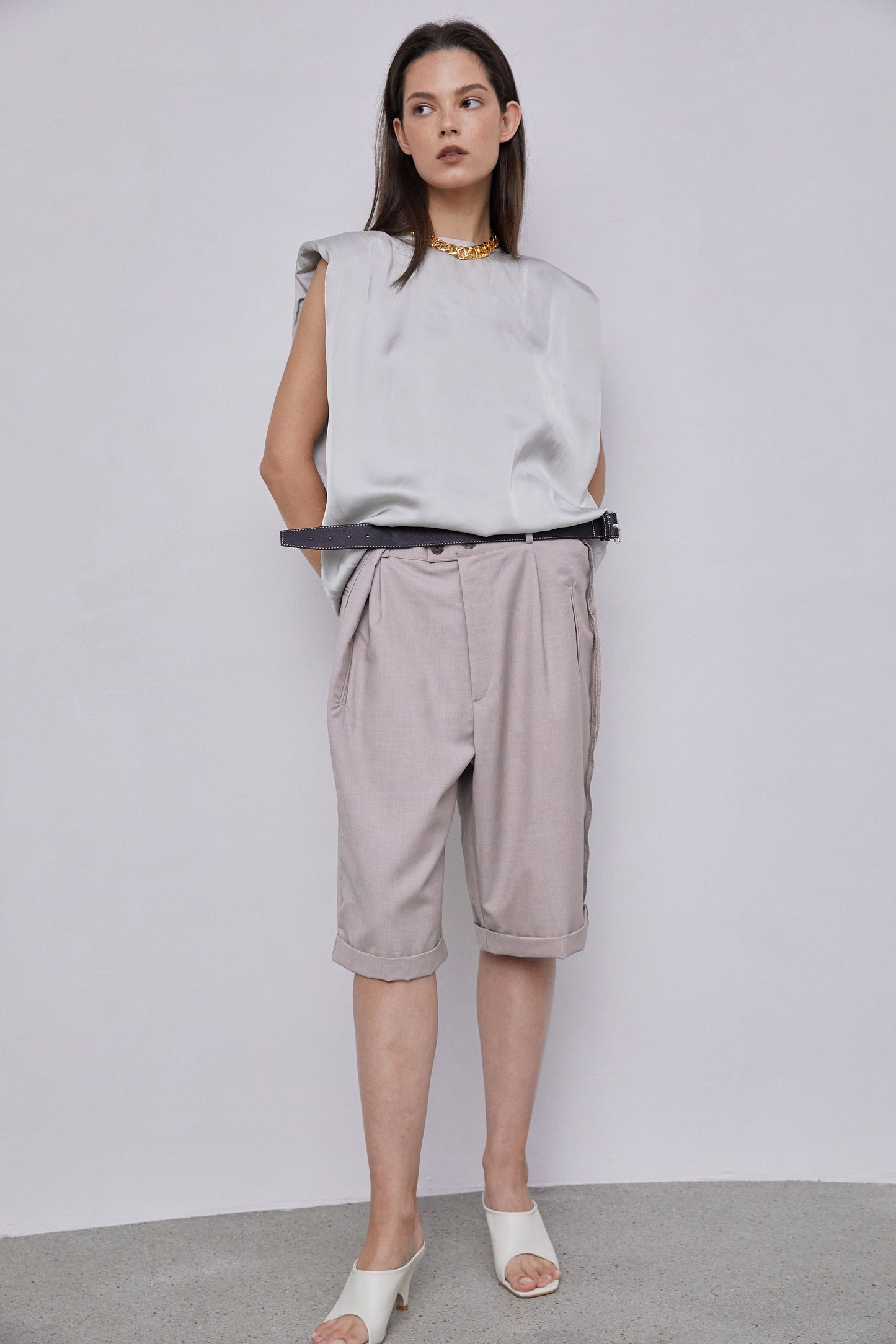 Padded Shoulder Satin Muscle Top, Silver Grey