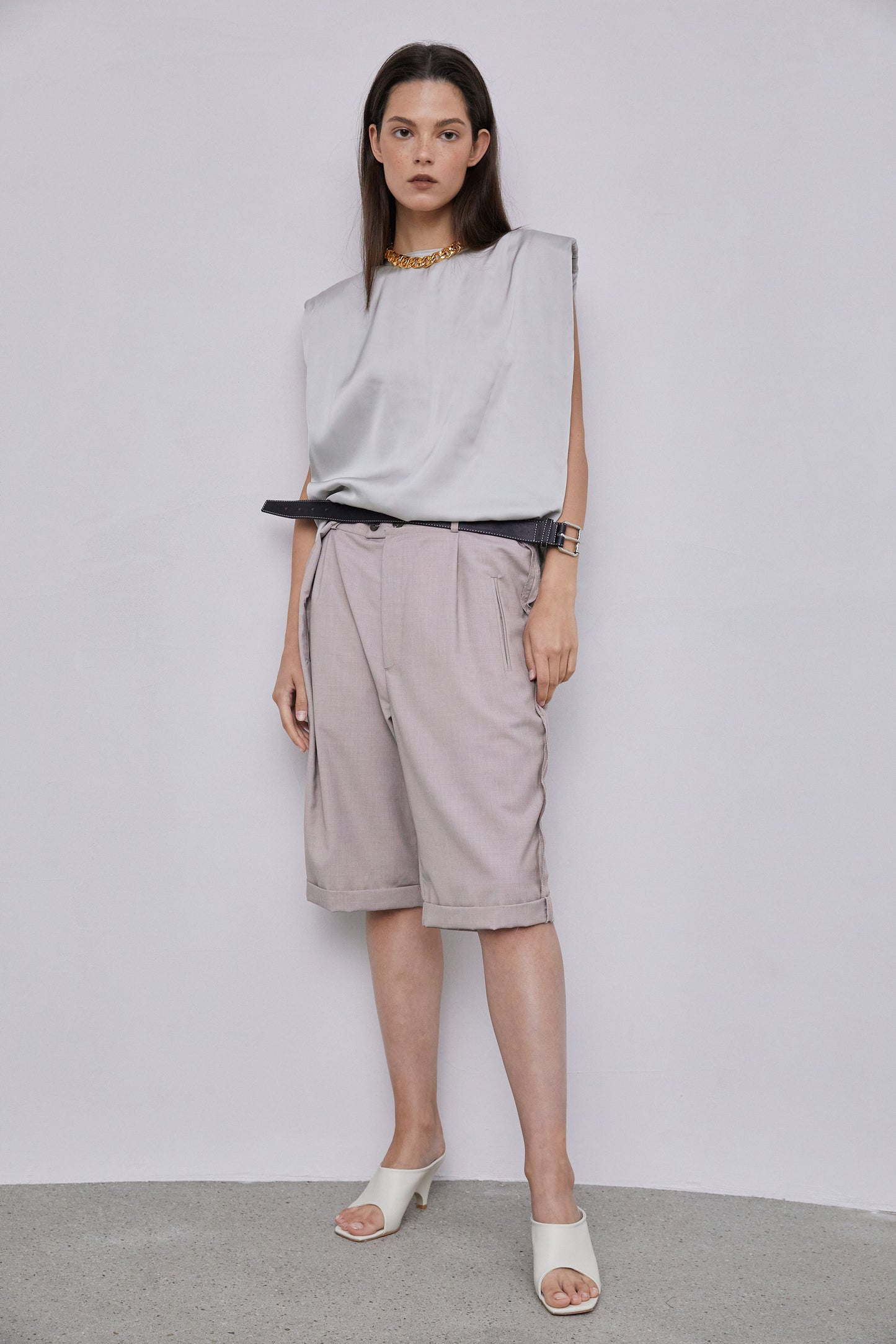 Padded Shoulder Satin Muscle Top, Silver Grey
