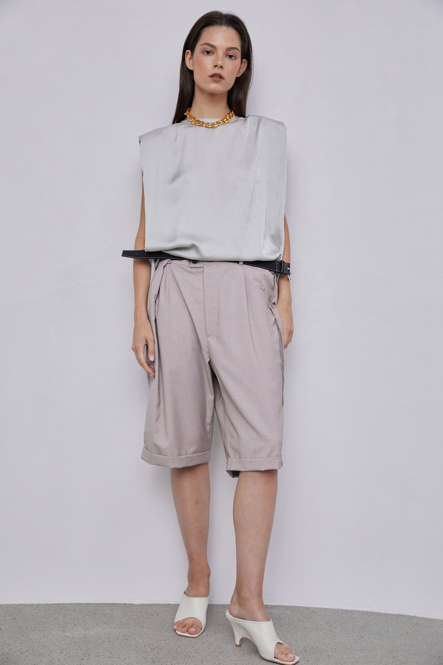 Padded Shoulder Satin Muscle Top, Silver Grey