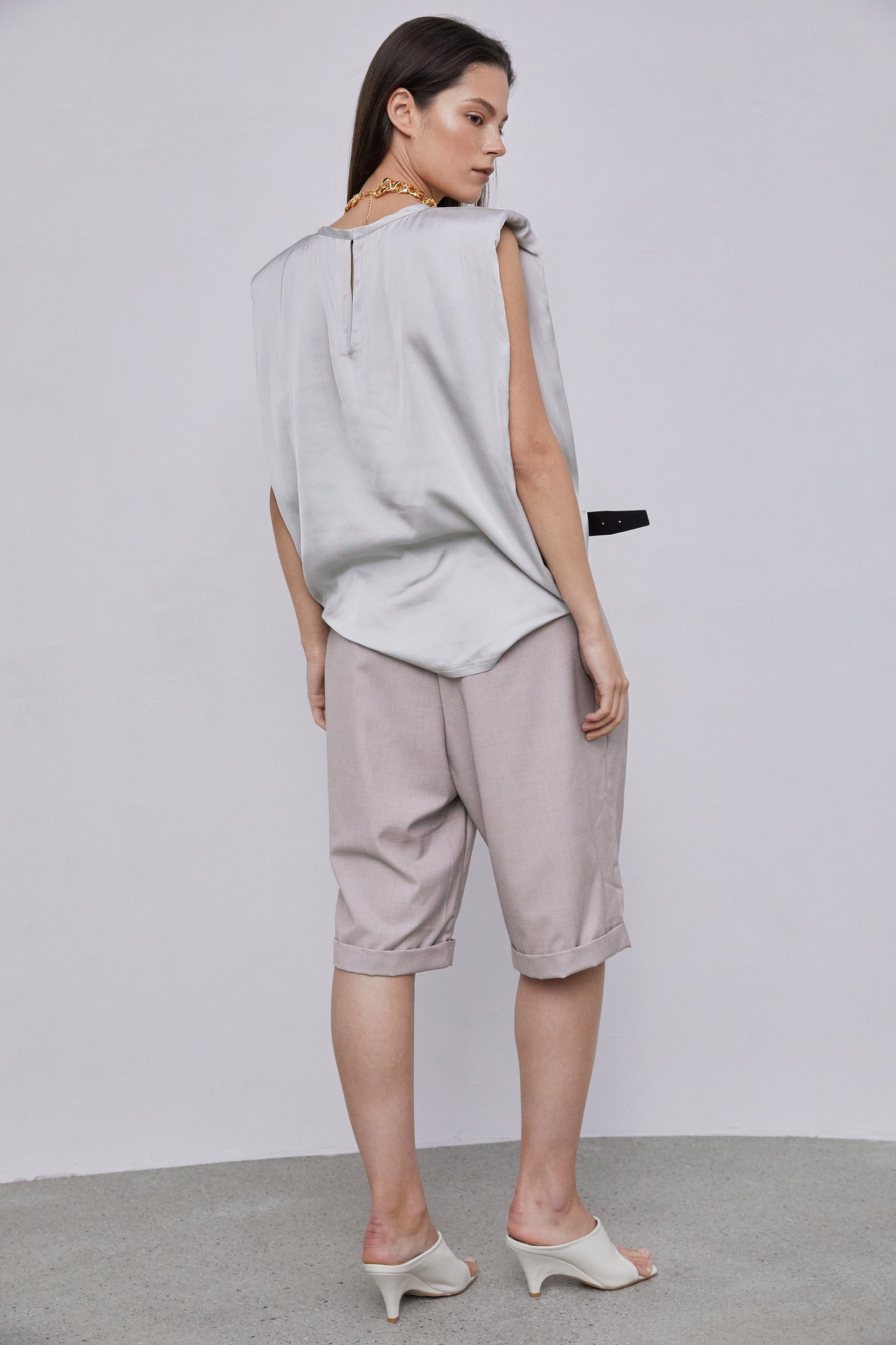 Padded Shoulder Satin Muscle Top, Silver Grey