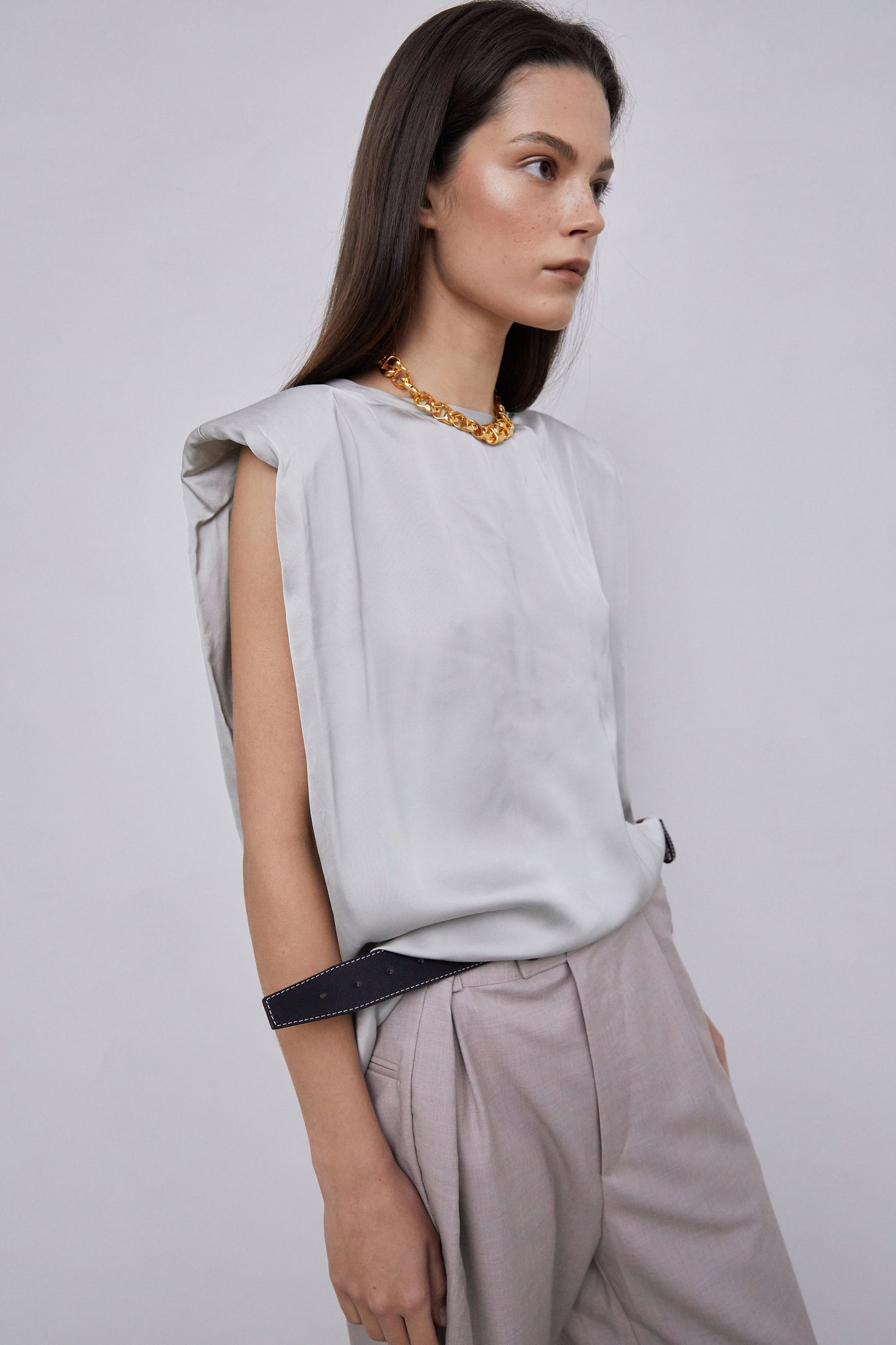 Padded Shoulder Satin Muscle Top, Silver Grey