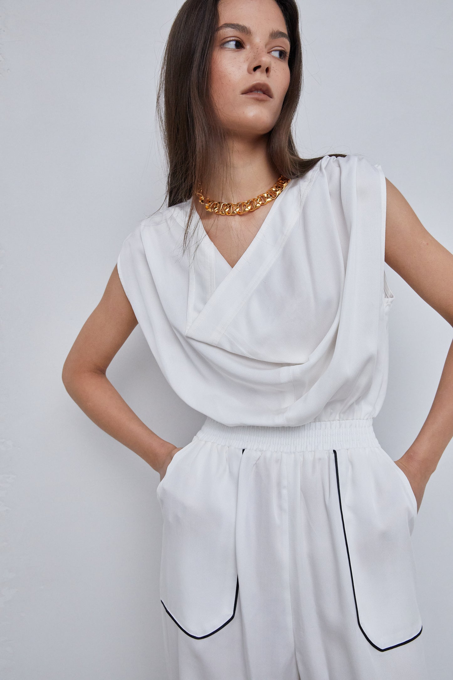 Folded Neckline Sleeveless Tencel Jumpsuit, White