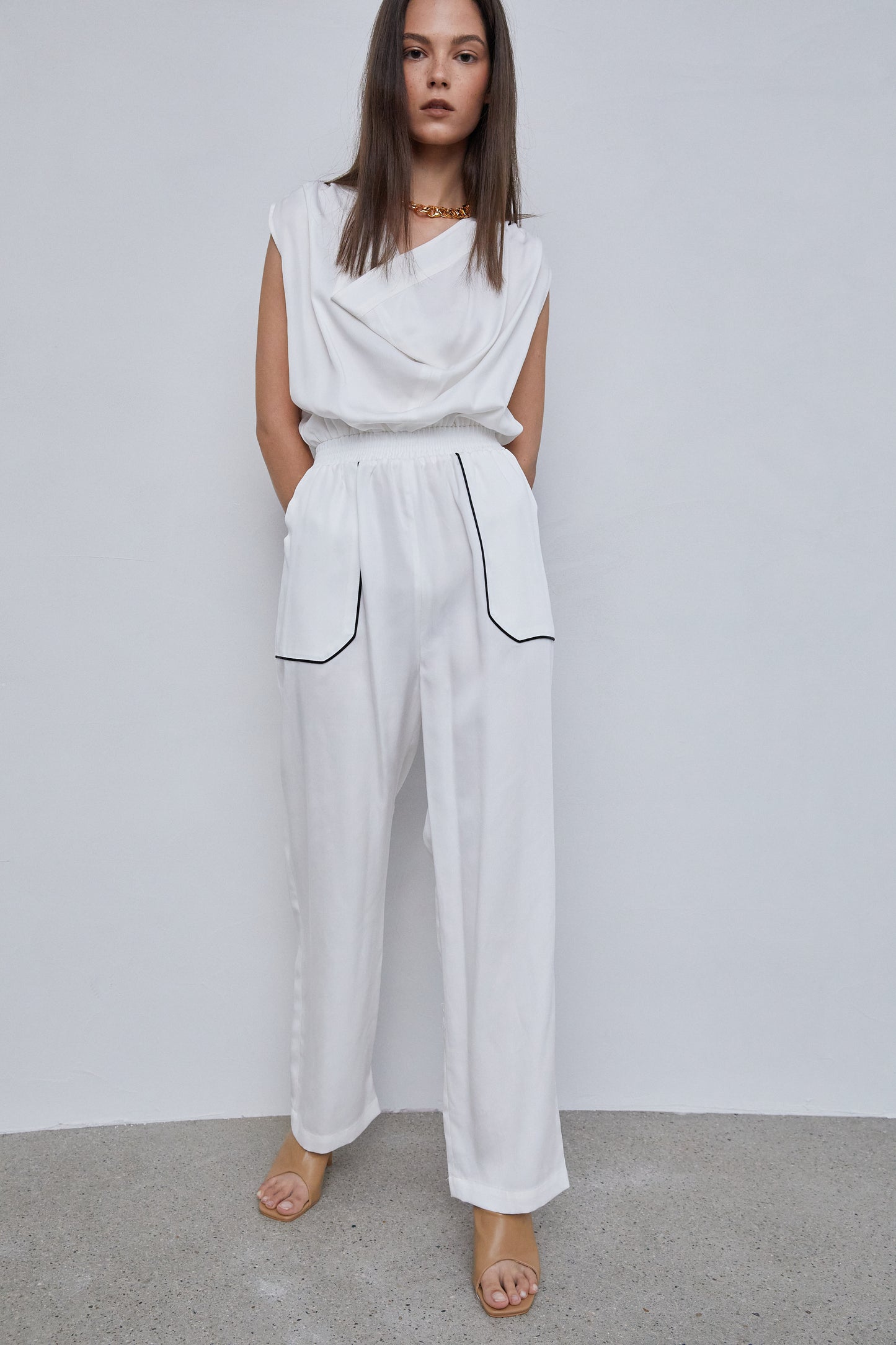 Folded Neckline Sleeveless Tencel Jumpsuit, White