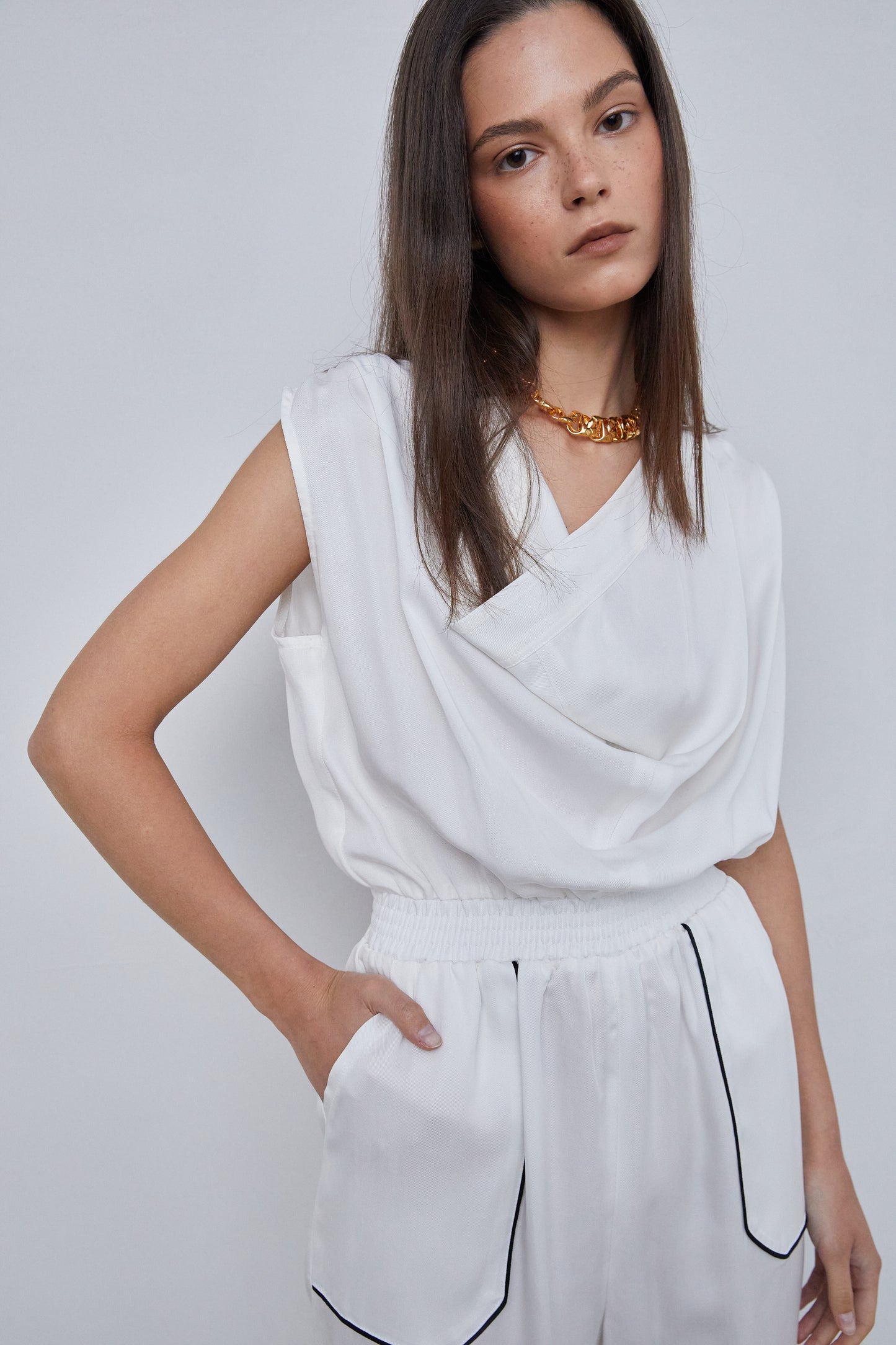 Folded Neckline Sleeveless Tencel Jumpsuit, White