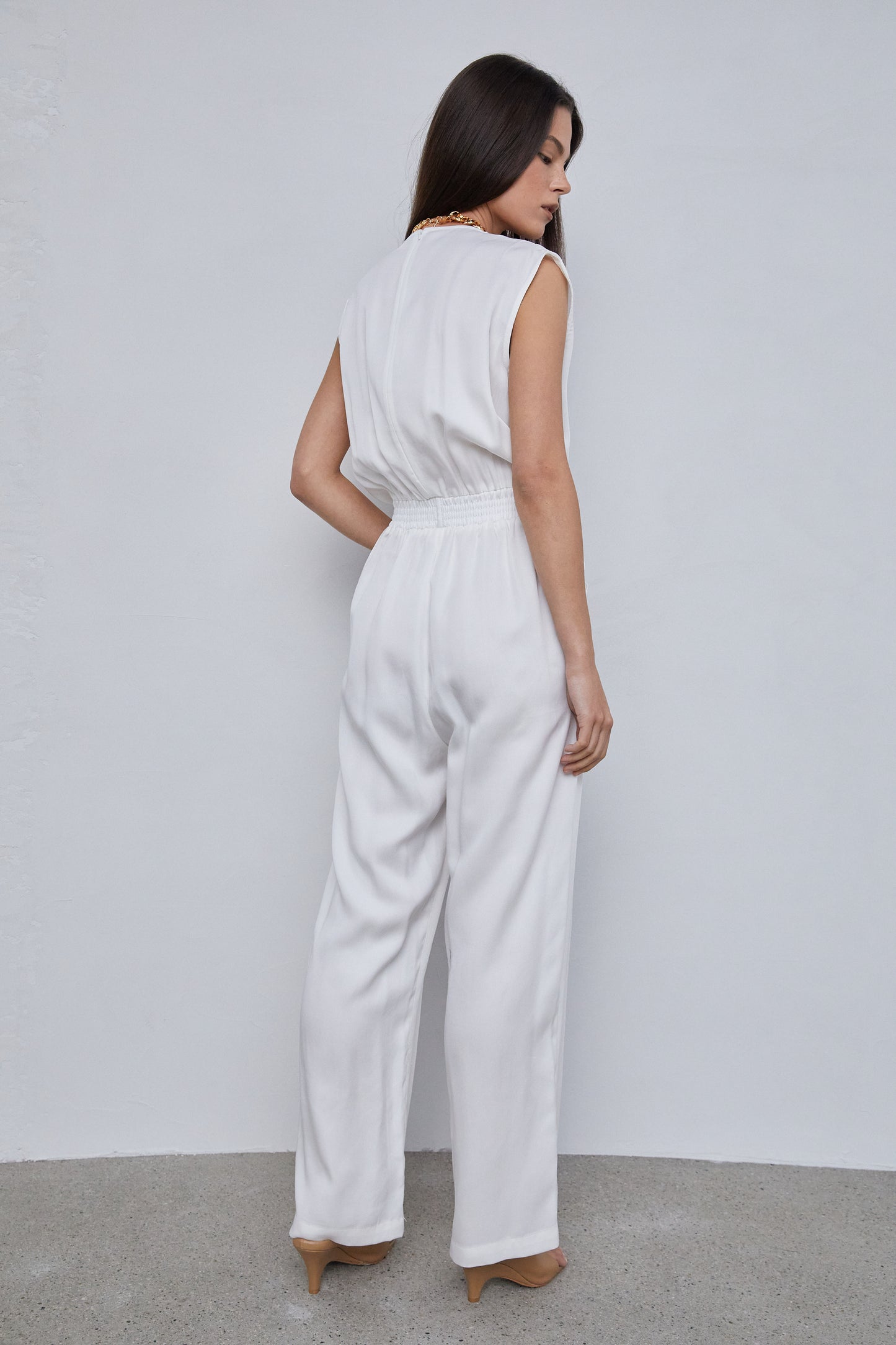 Folded Neckline Sleeveless Tencel Jumpsuit, White