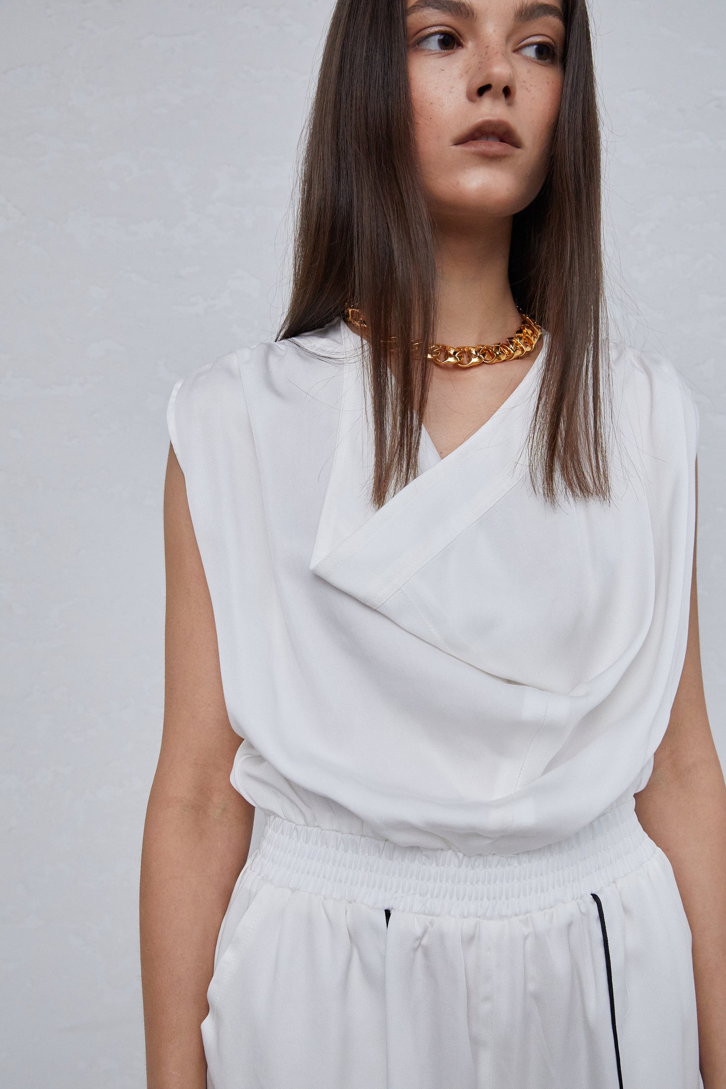Folded Neckline Sleeveless Tencel Jumpsuit, White