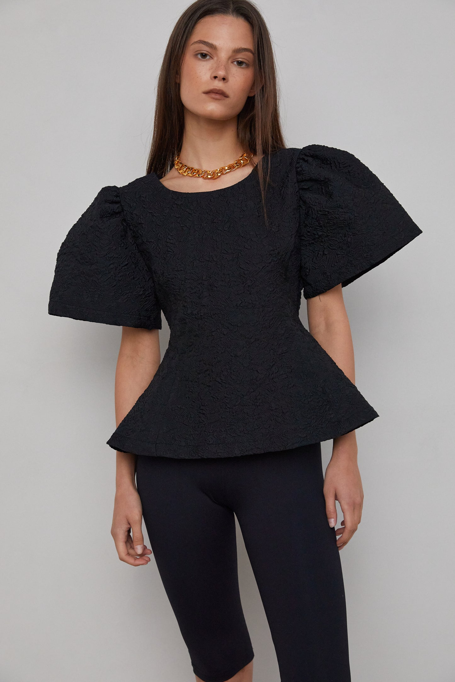 Voluminous Sleeve Jacquard Blouse, Black