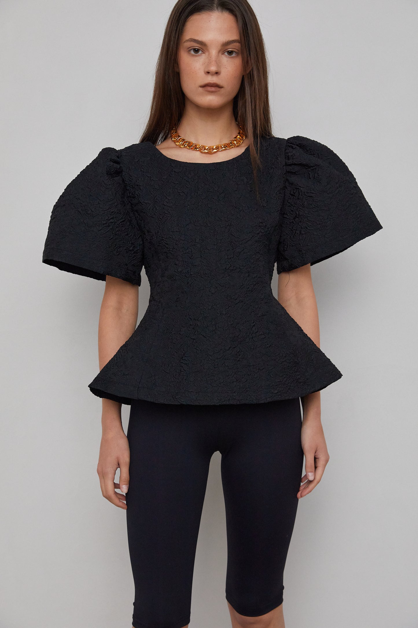 Voluminous Sleeve Jacquard Blouse, Black