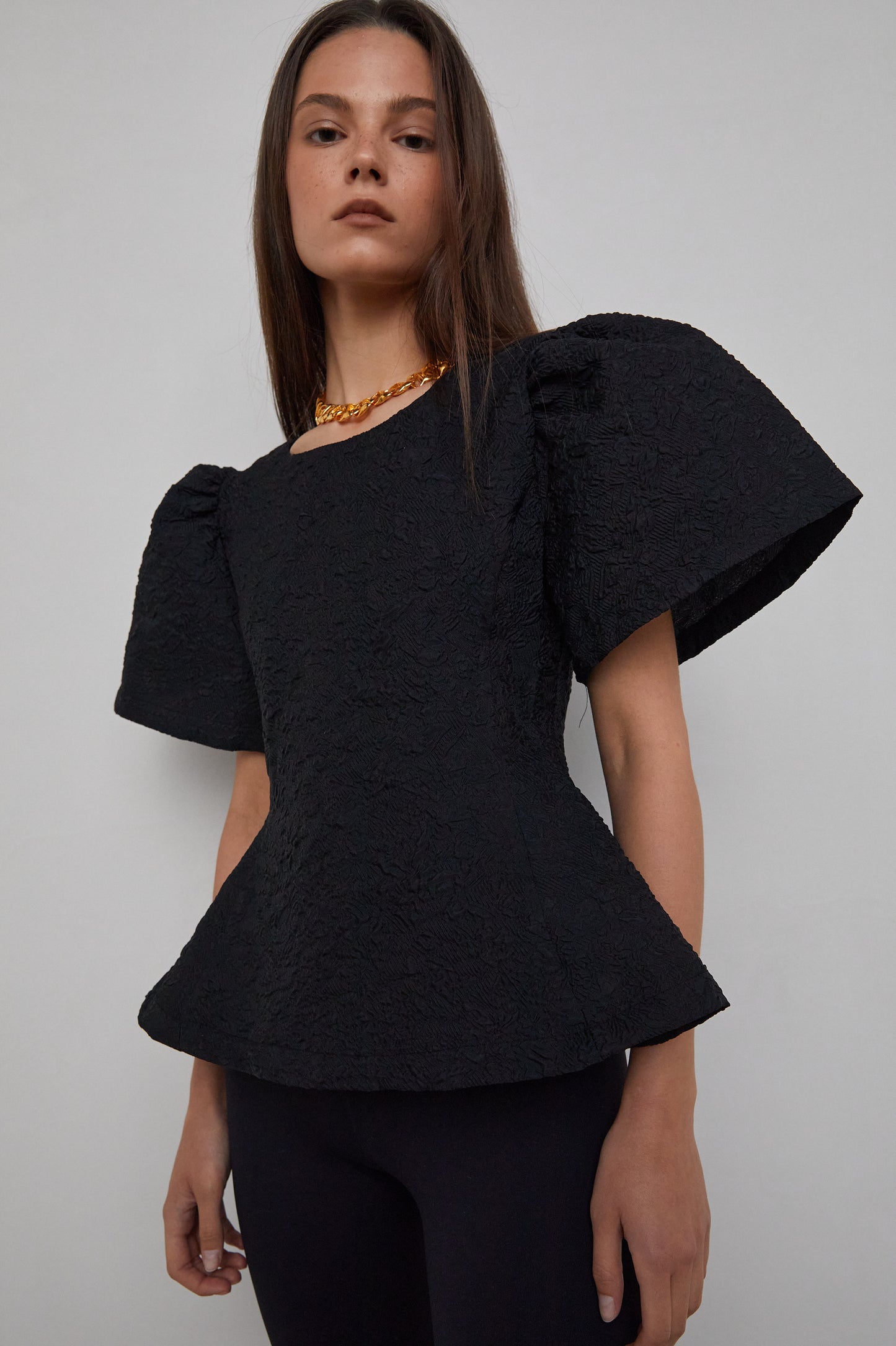 Voluminous Sleeve Jacquard Blouse, Black