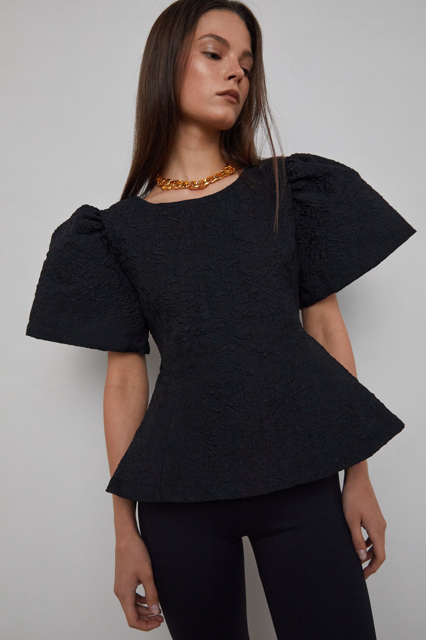 Voluminous Sleeve Jacquard Blouse, Black