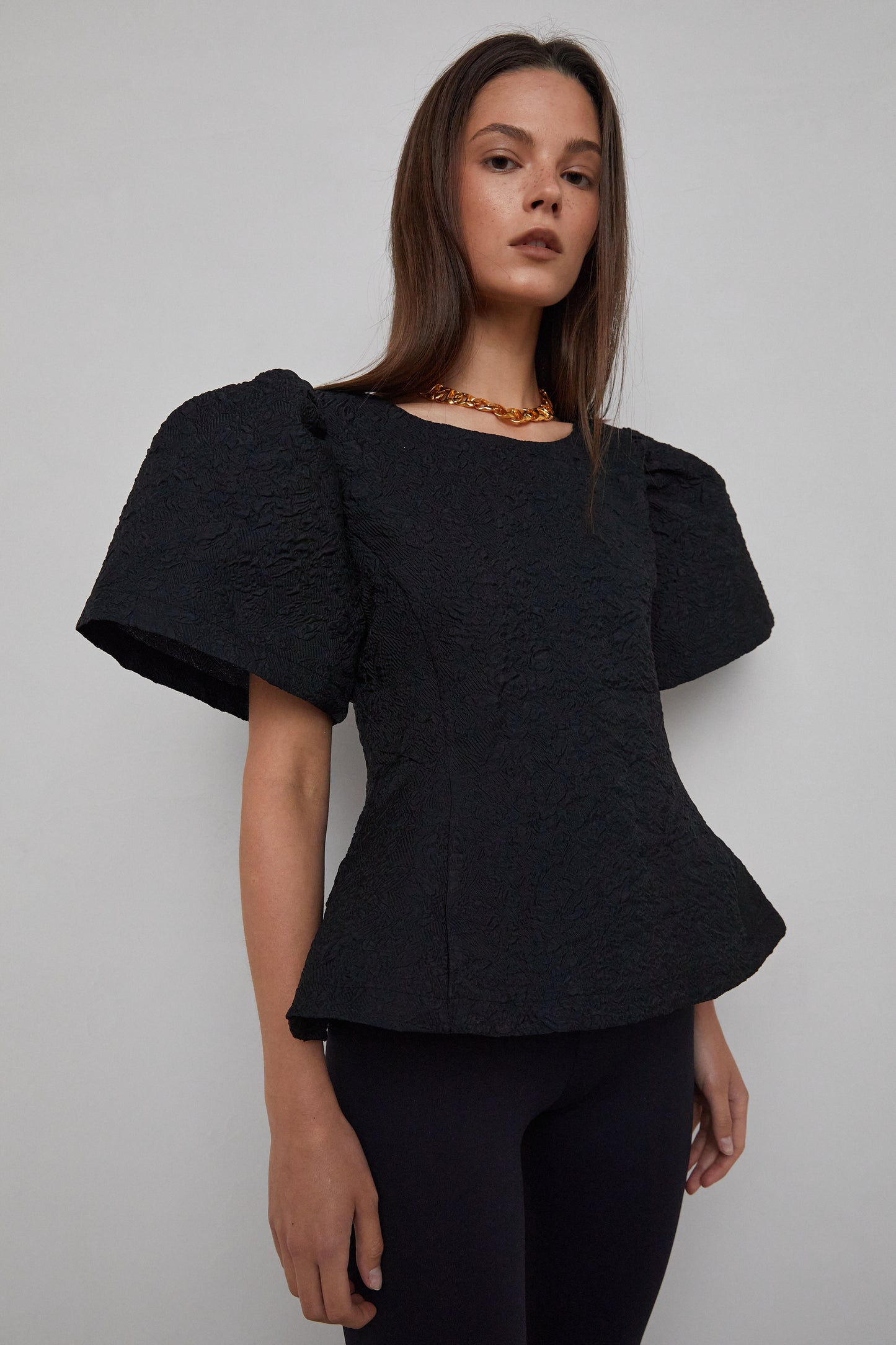 Voluminous Sleeve Jacquard Blouse, Black