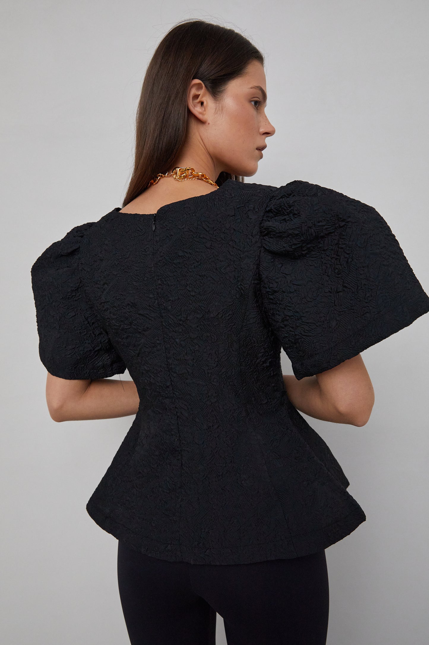 Voluminous Sleeve Jacquard Blouse, Black