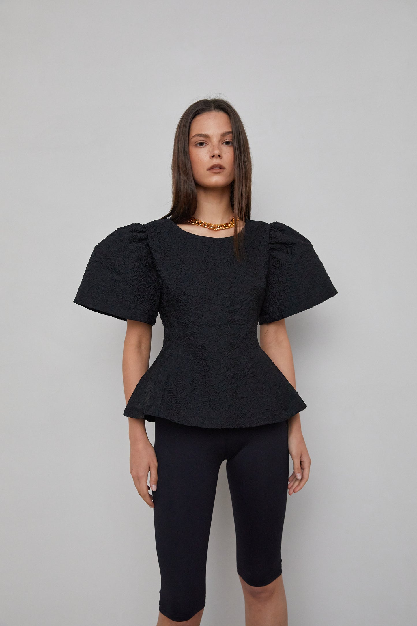 Voluminous Sleeve Jacquard Blouse, Black