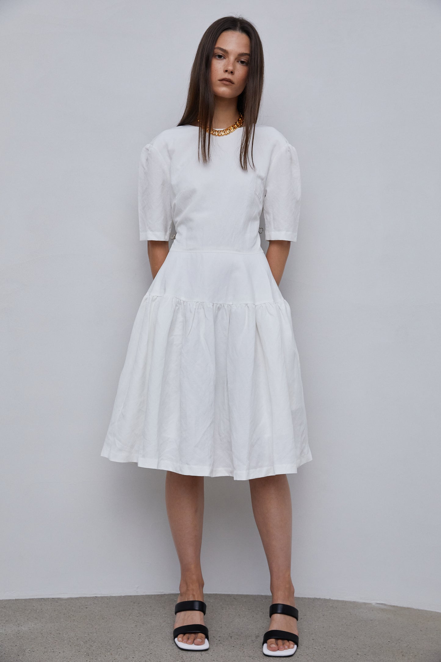 A-Line Open Back Midi Dress, White