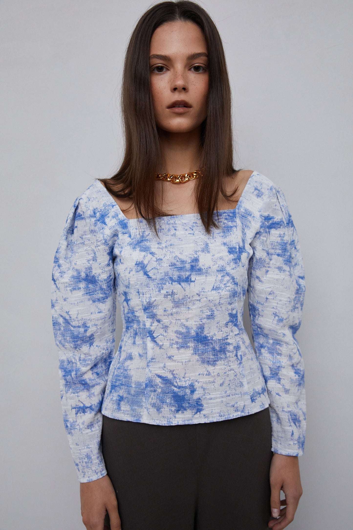 Linen Printed Square Neck Top, Blue