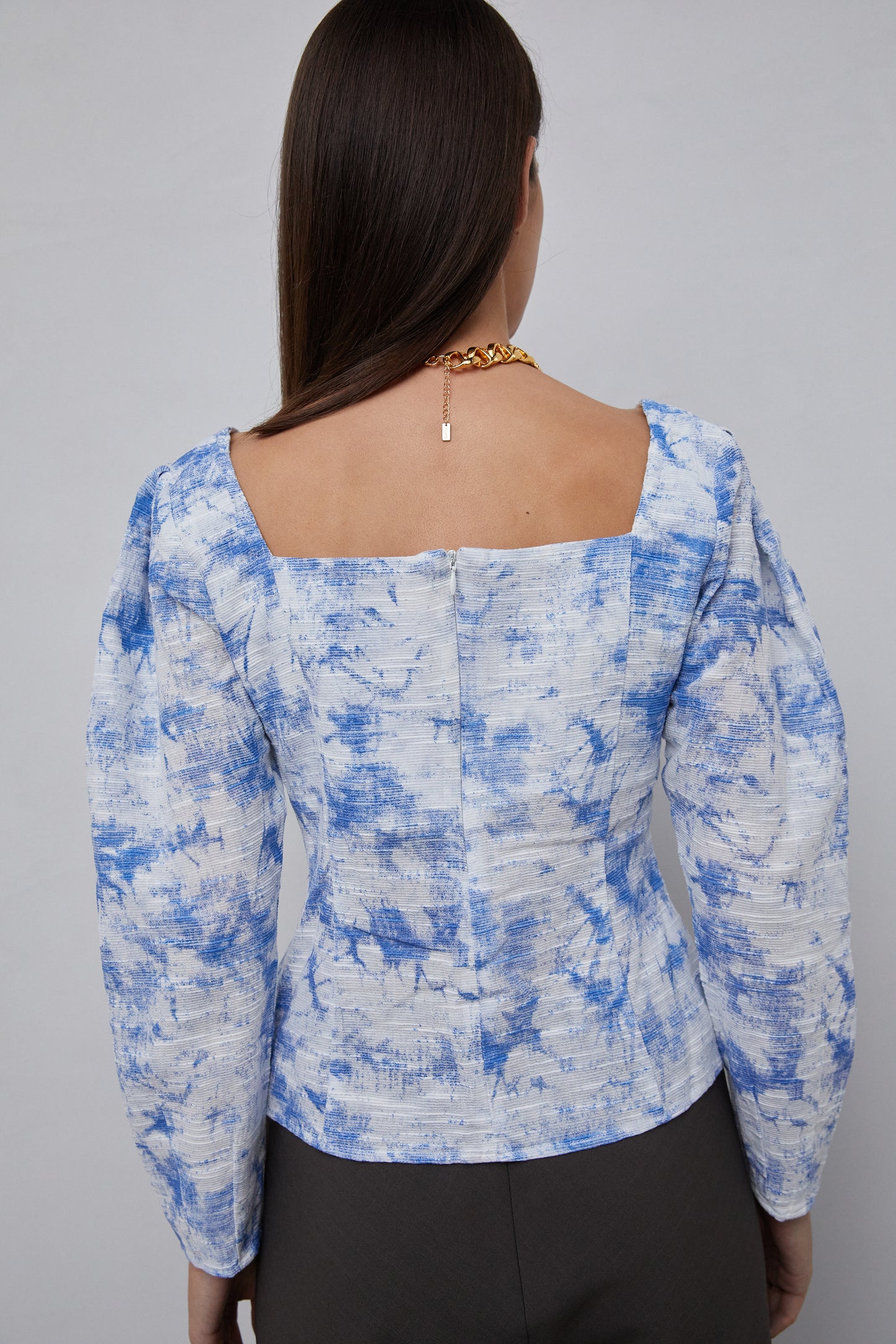 Linen Printed Square Neck Top, Blue