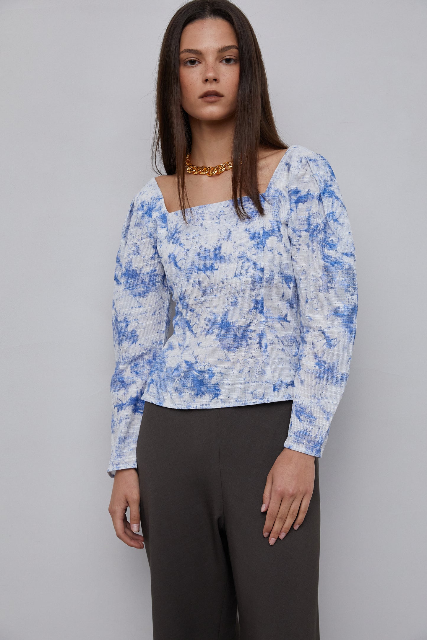 Linen Printed Square Neck Top, Blue