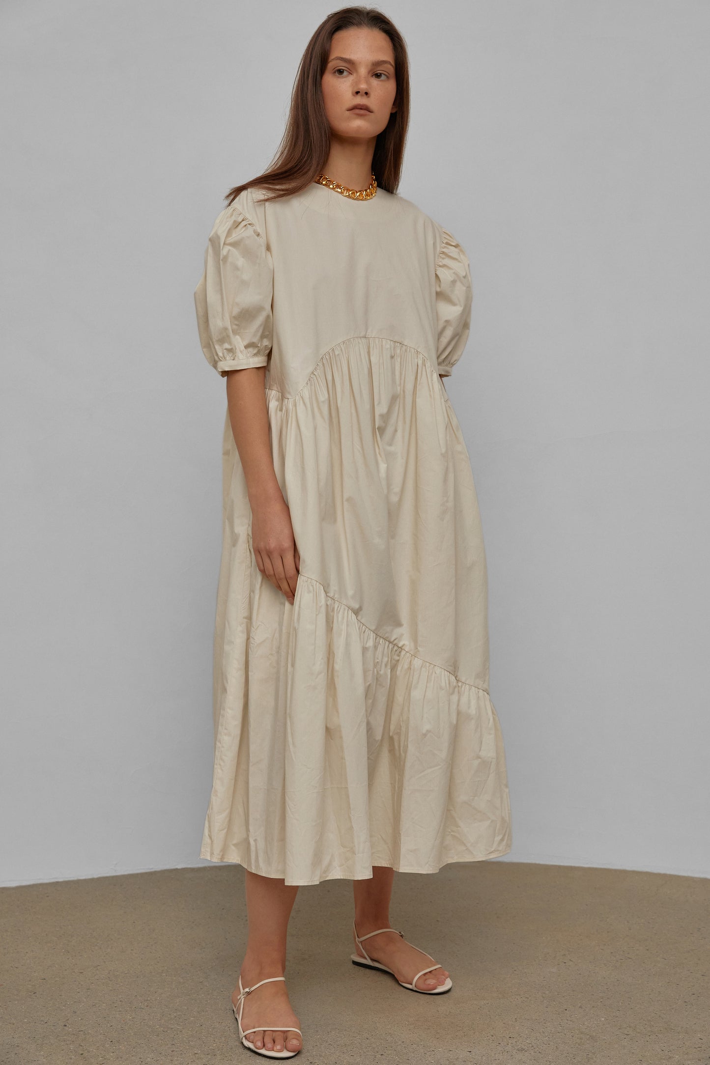 Puff Sleeve Long Cotton Dress, Buttercream