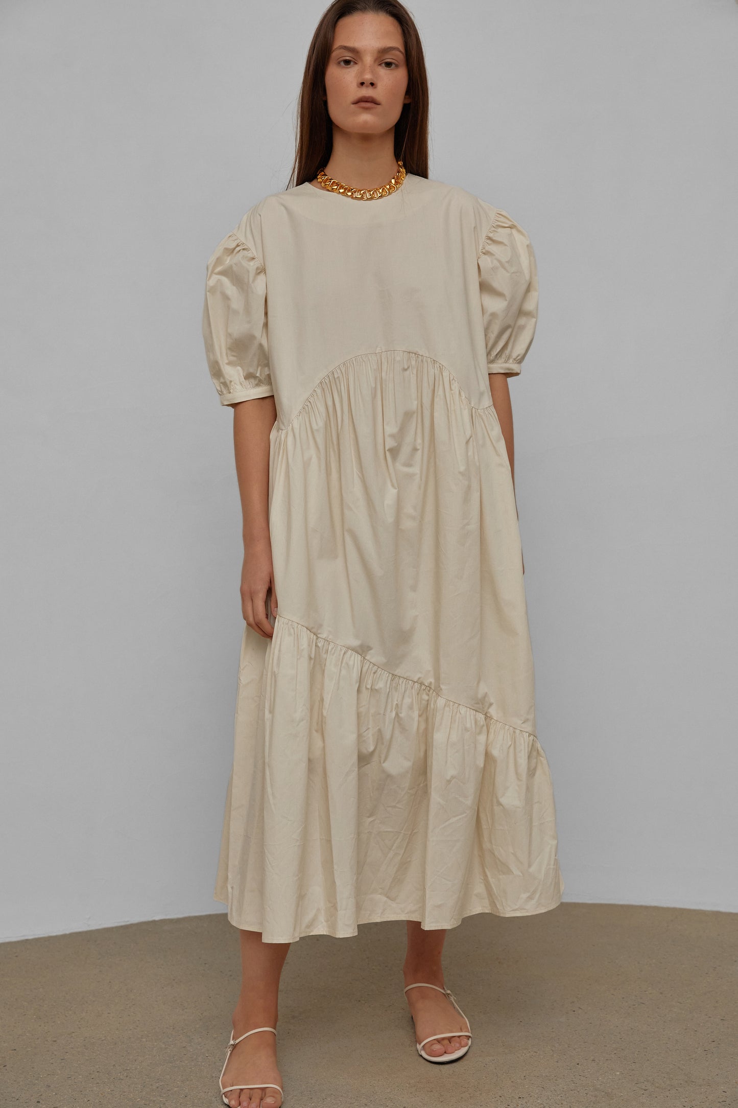 Puff Sleeve Long Cotton Dress, Buttercream