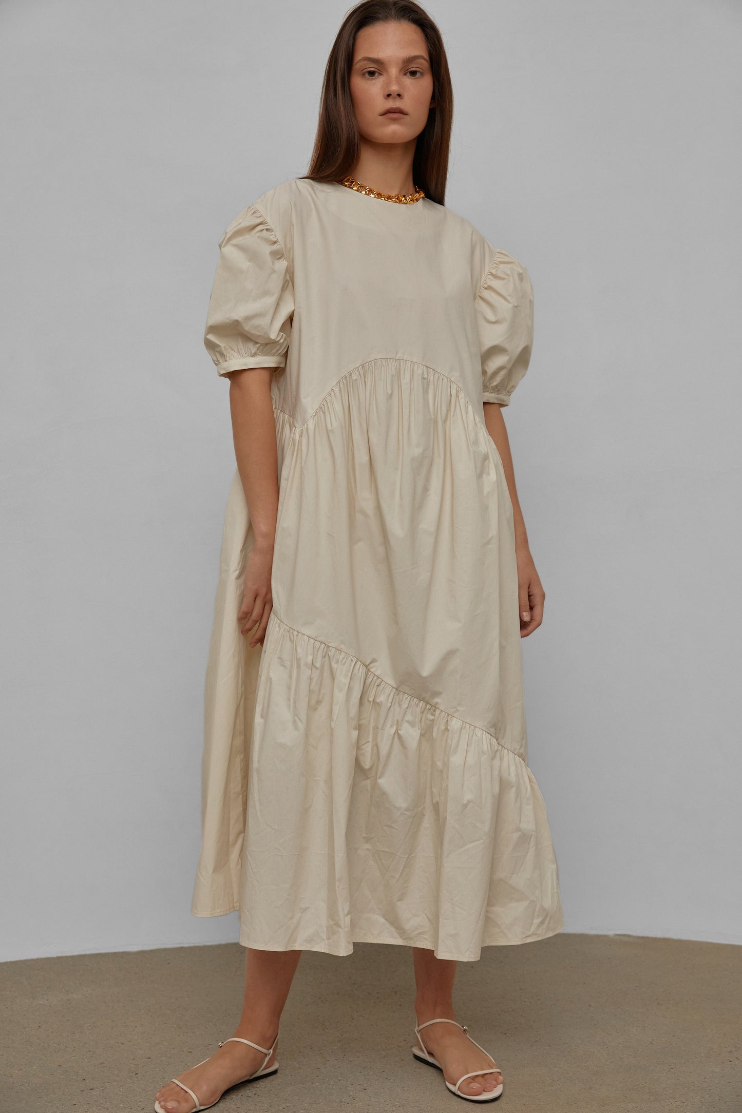 Puff Sleeve Long Cotton Dress, Buttercream