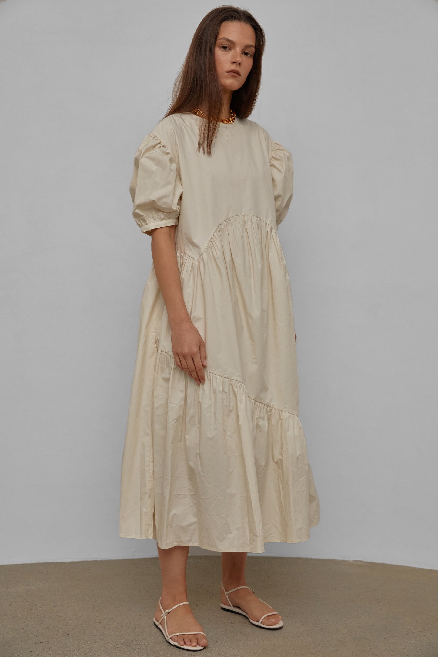 Puff Sleeve Long Cotton Dress, Buttercream