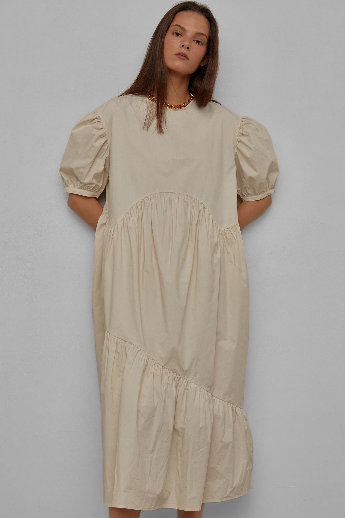 Puff Sleeve Long Cotton Dress, Buttercream