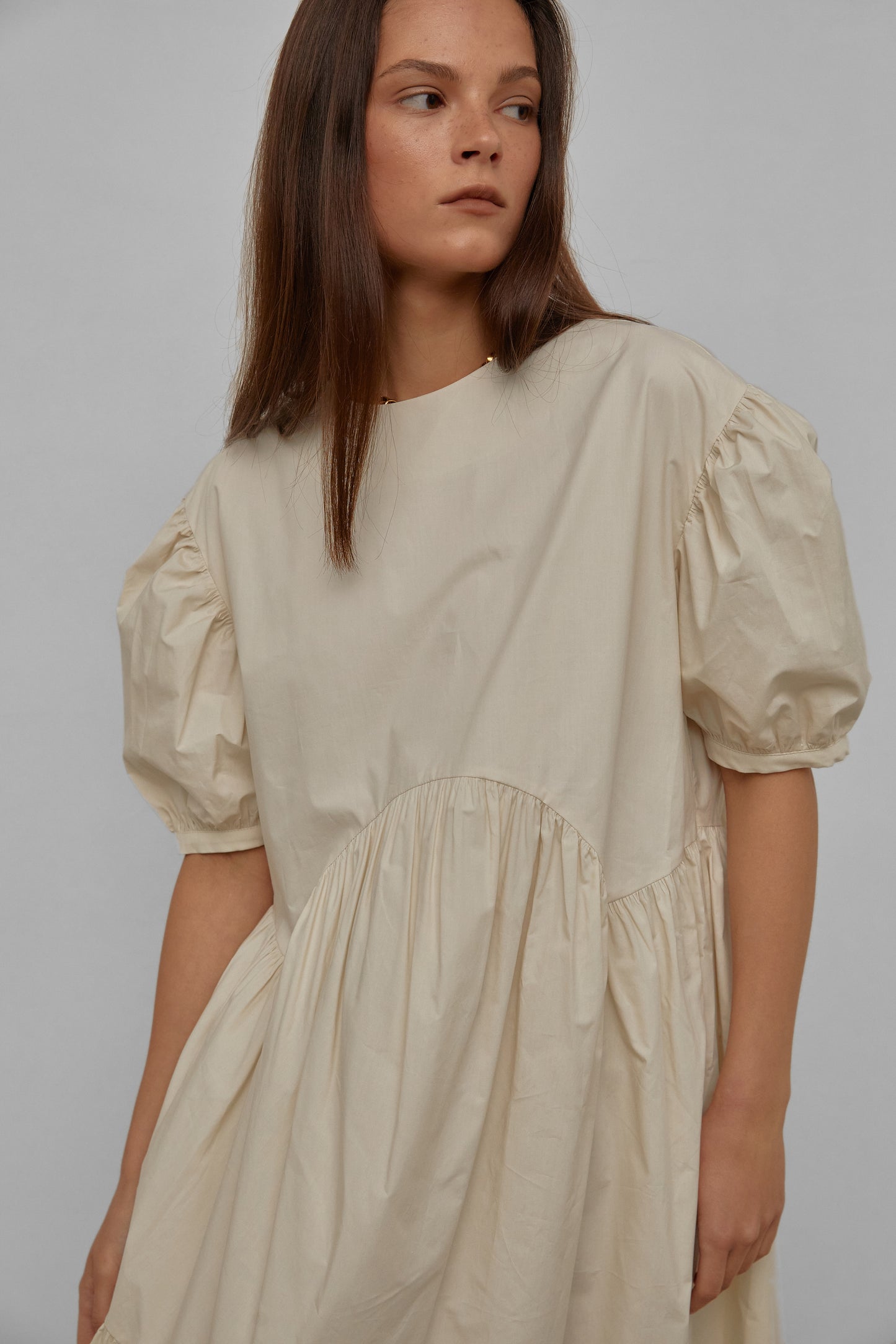 Puff Sleeve Long Cotton Dress, Buttercream