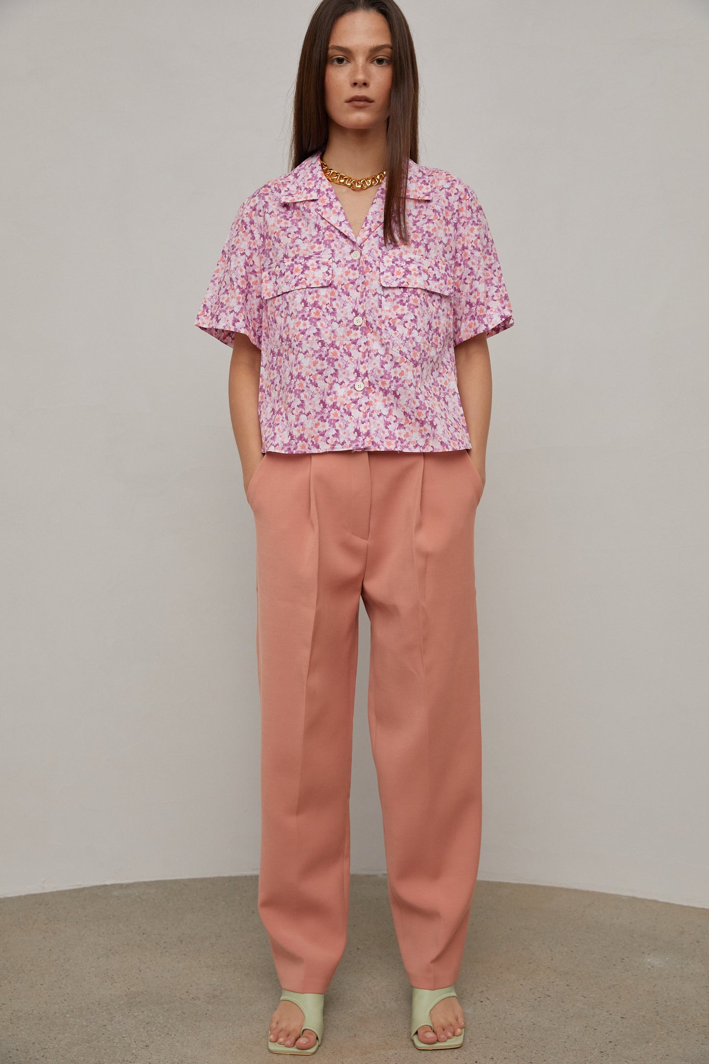 Floral Print Button Down Shirt, Pink Plum