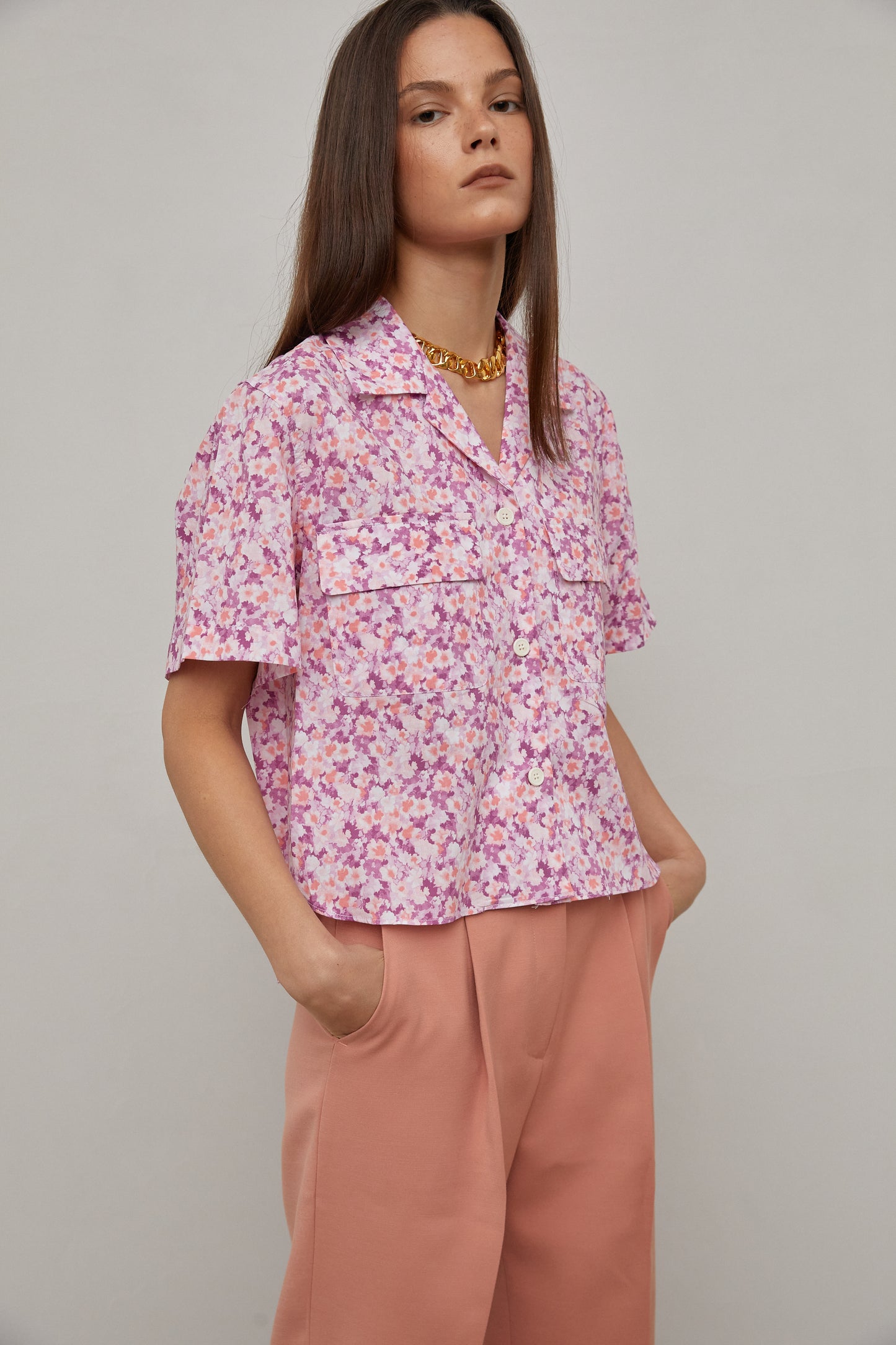 Floral Print Button Down Shirt, Pink Plum