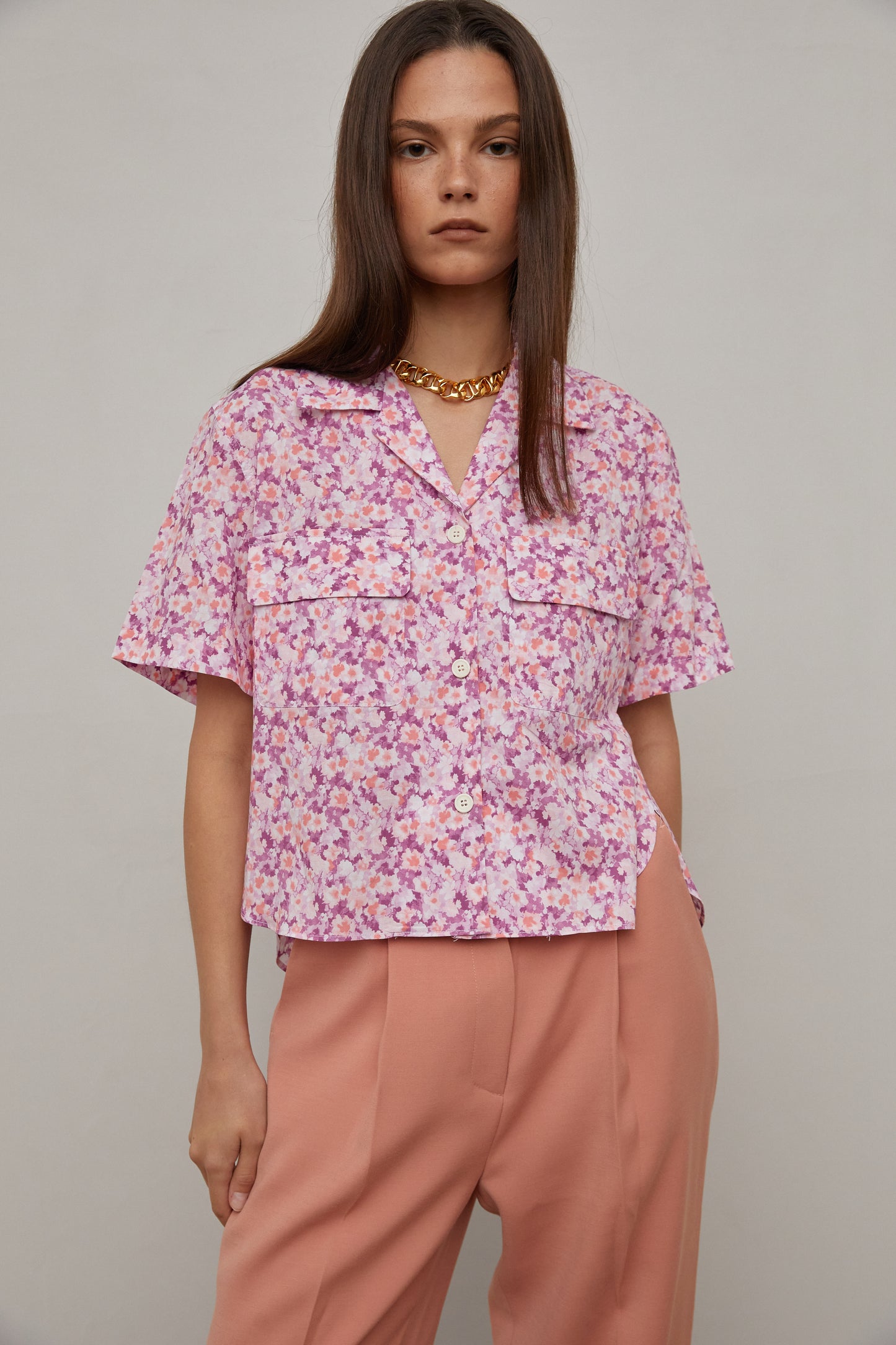 Floral Print Button Down Shirt, Pink Plum