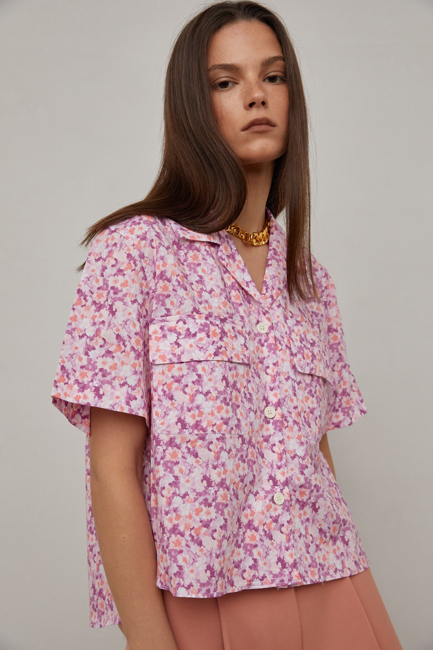 Floral Print Button Down Shirt, Pink Plum