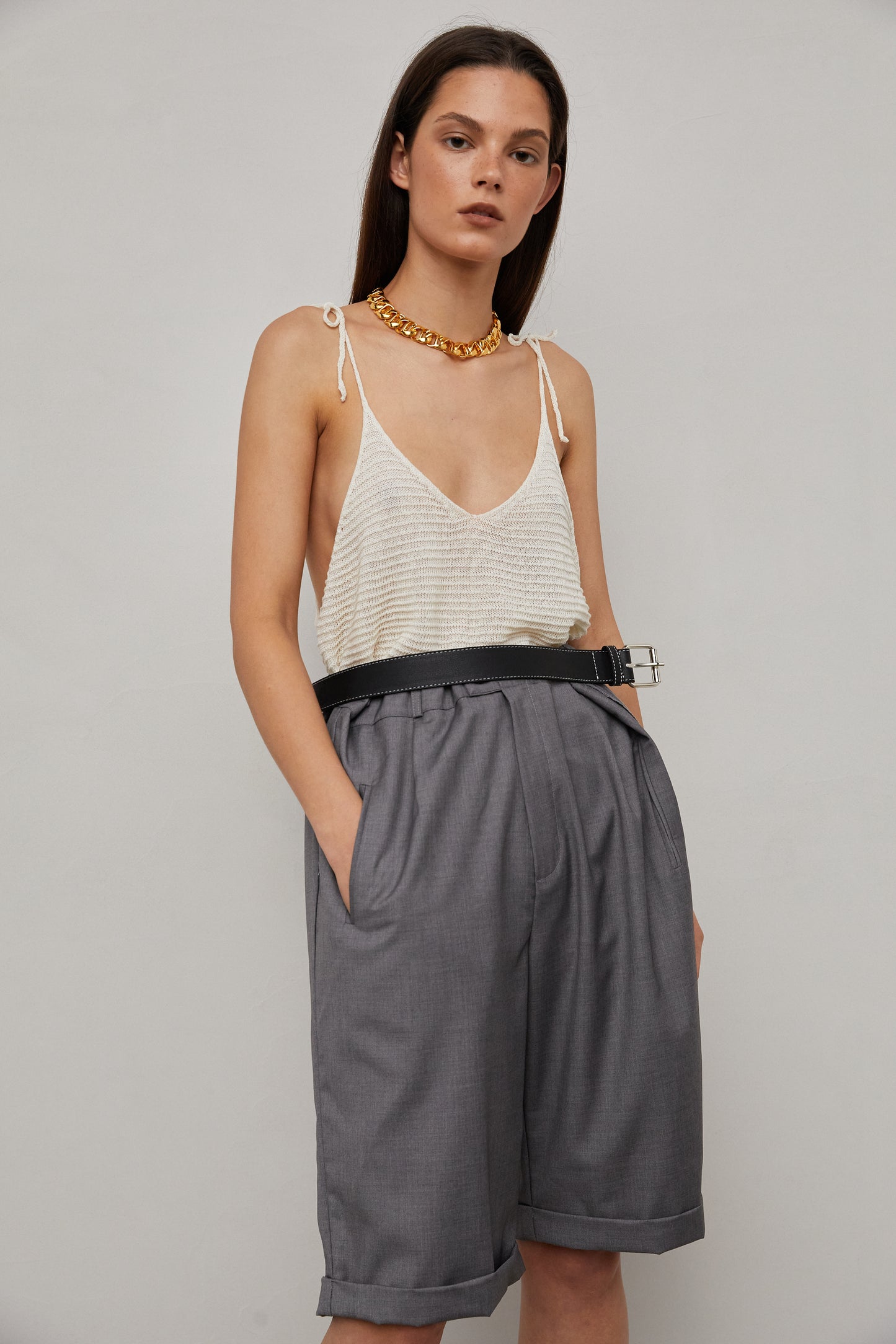 Belted Bermuda Shorts With Exposed Lining, Grey