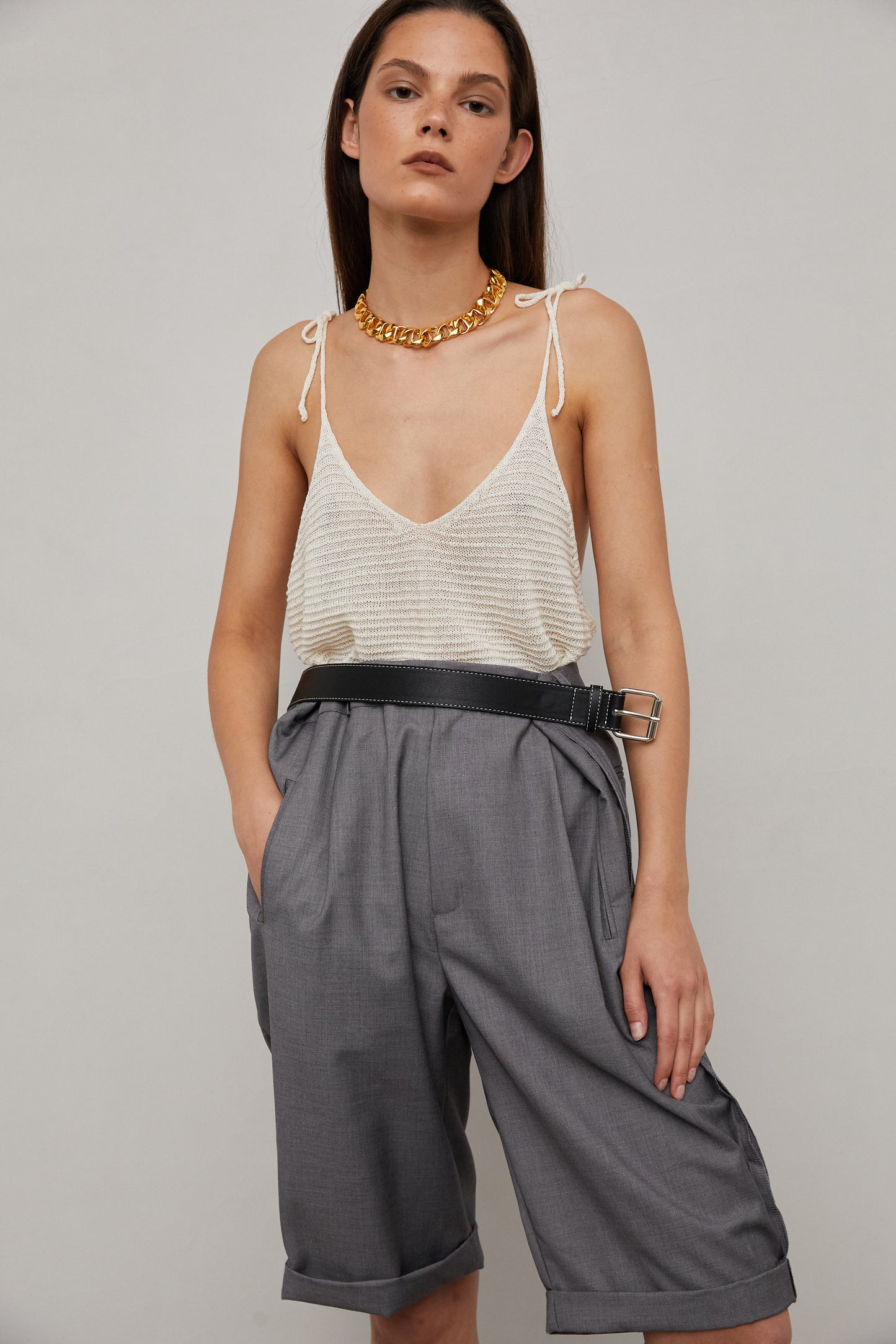 Belted Bermuda Shorts With Exposed Lining, Grey