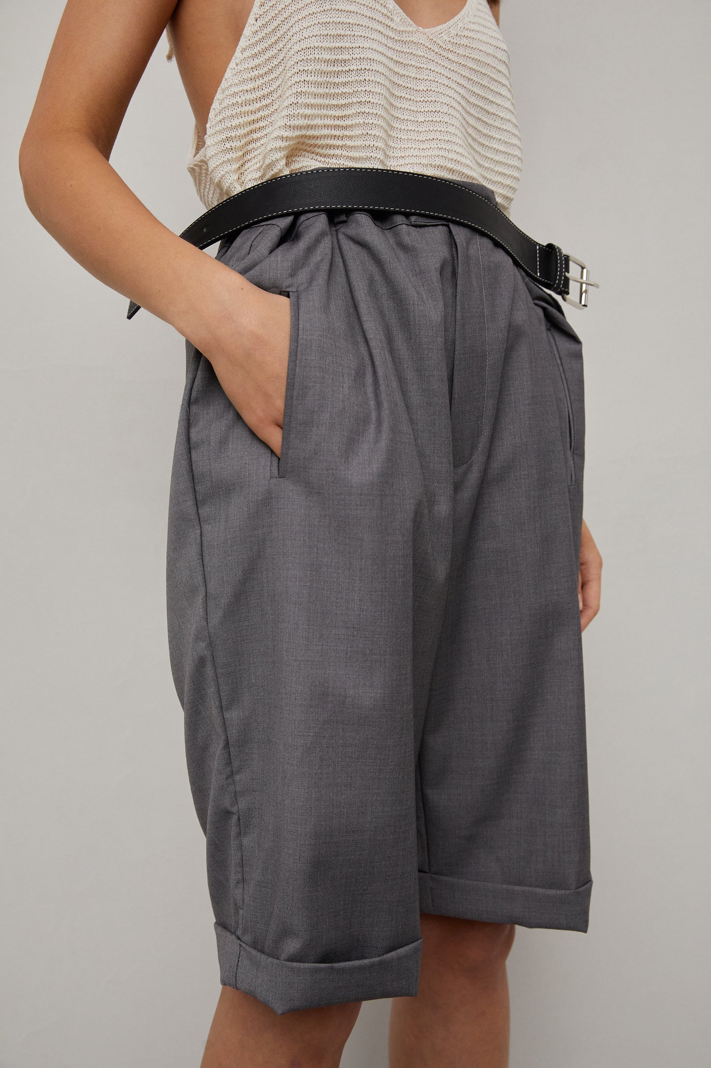 Belted Bermuda Shorts With Exposed Lining, Grey