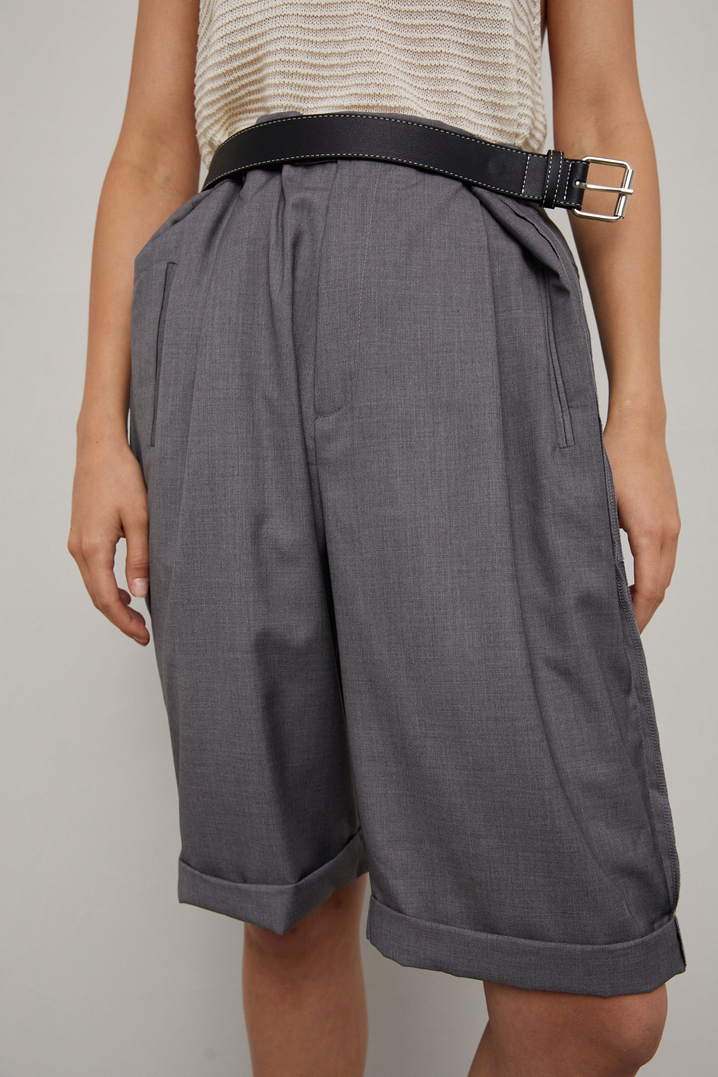 Belted Bermuda Shorts With Exposed Lining, Grey