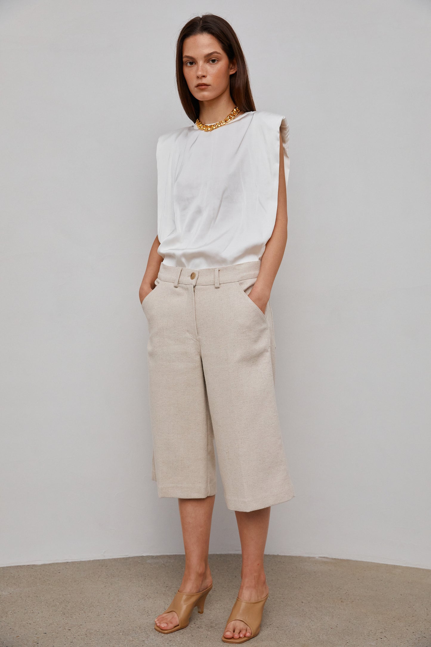 Padded Shoulder Satin Muscle Top, Cream