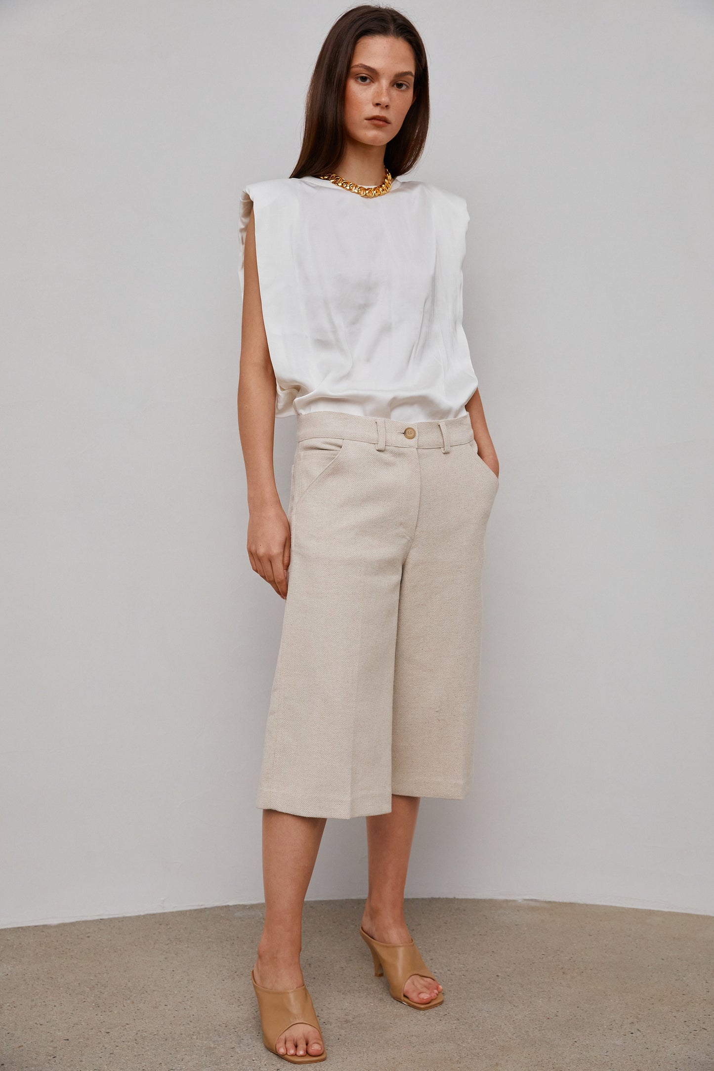 Padded Shoulder Satin Muscle Top, Cream