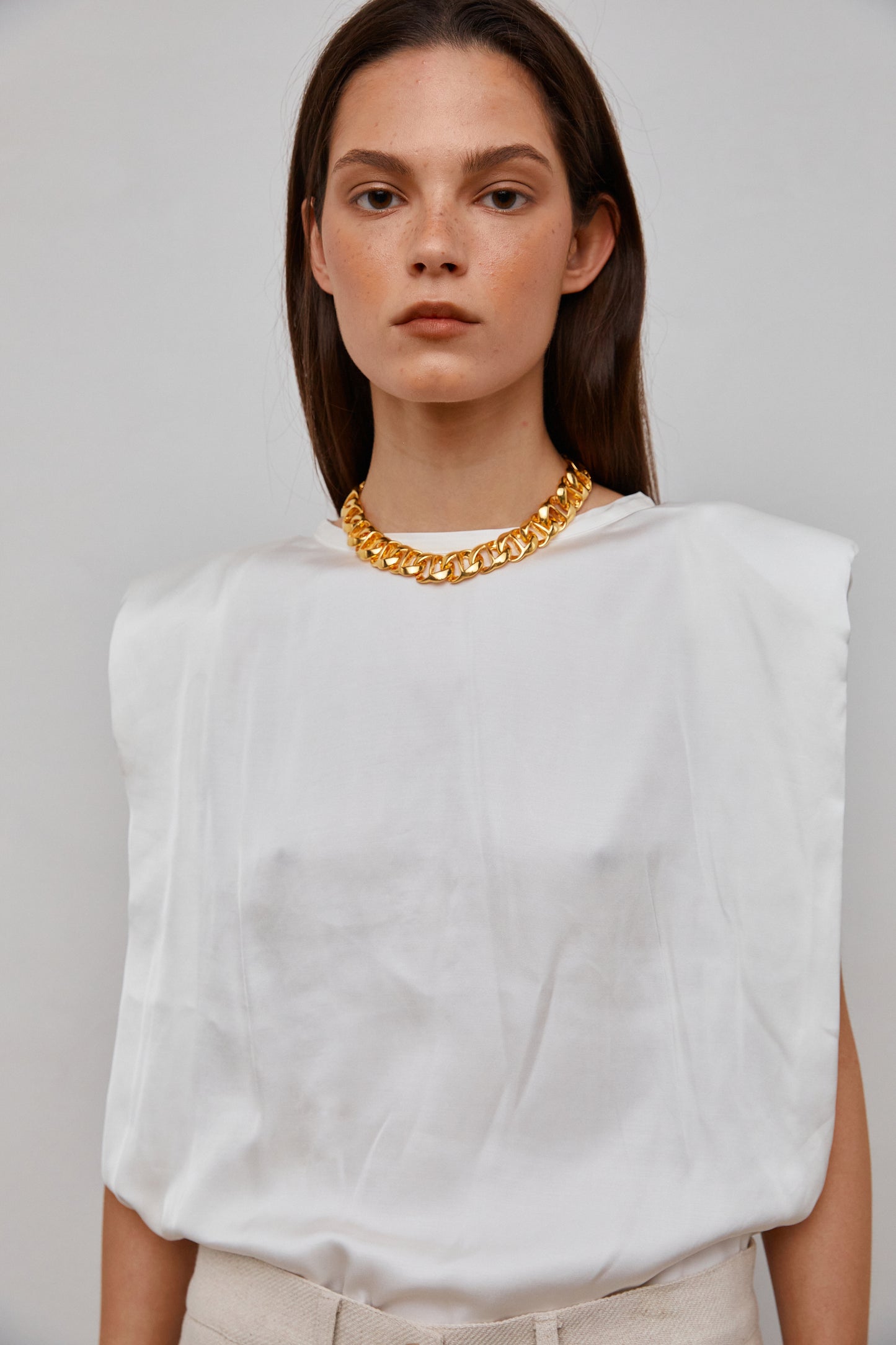 Padded Shoulder Satin Muscle Top, Cream