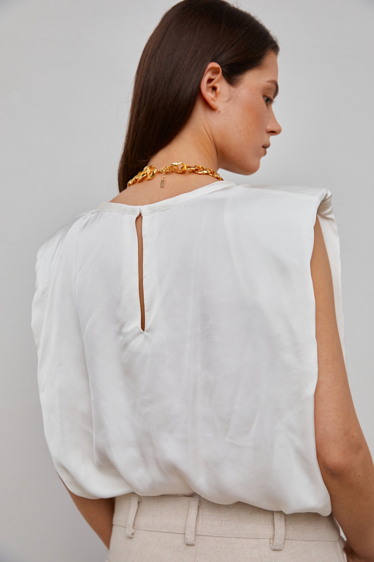 Padded Shoulder Satin Muscle Top, Cream