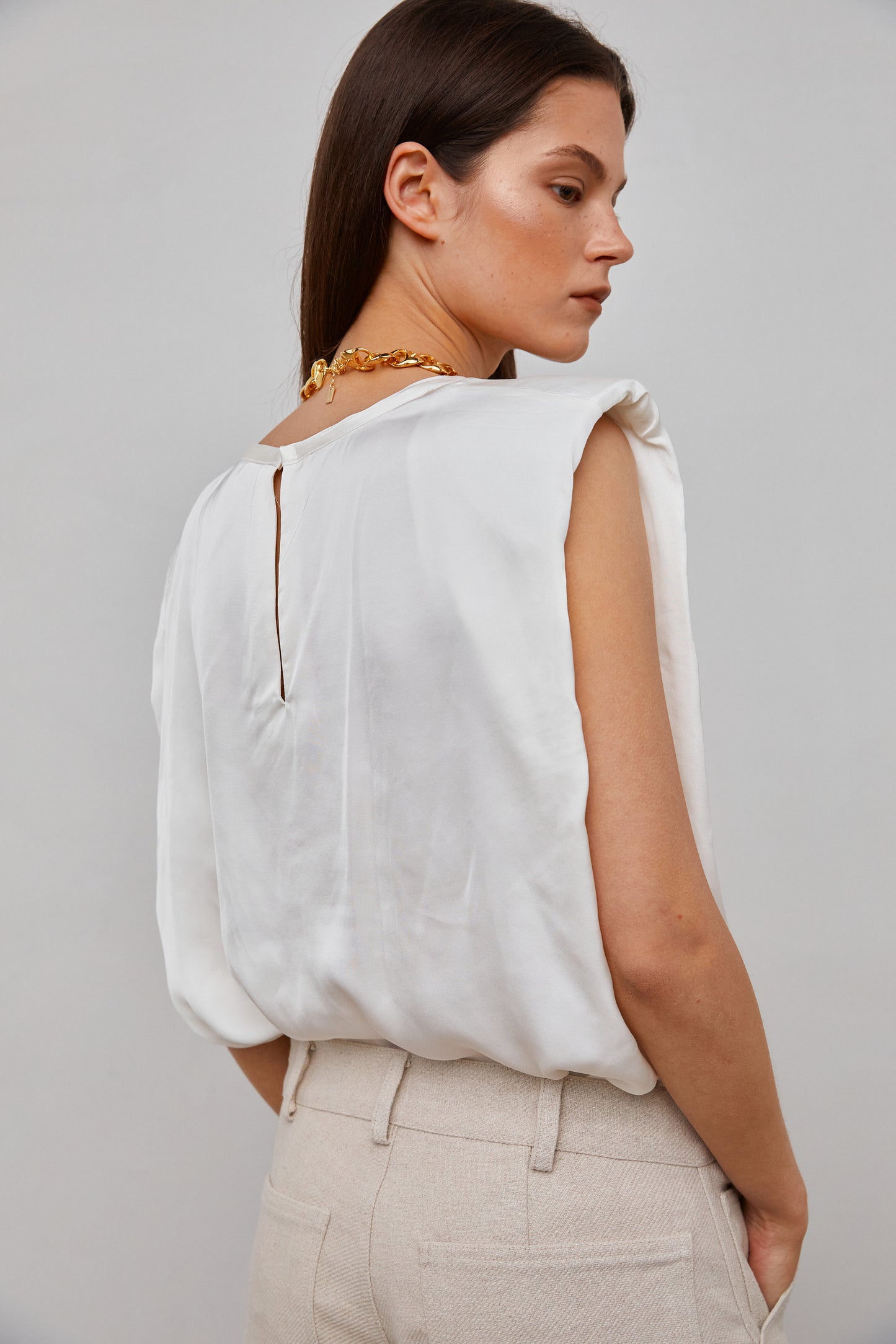 Padded Shoulder Satin Muscle Top, Cream
