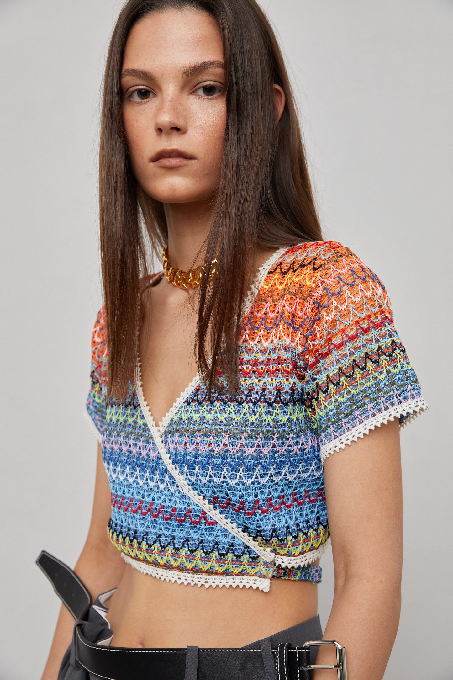 Rainbow Cropped Tie Knit Top, Orange & Blue