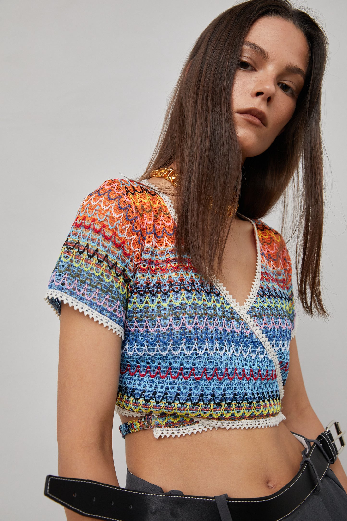 Rainbow Cropped Tie Knit Top, Orange & Blue