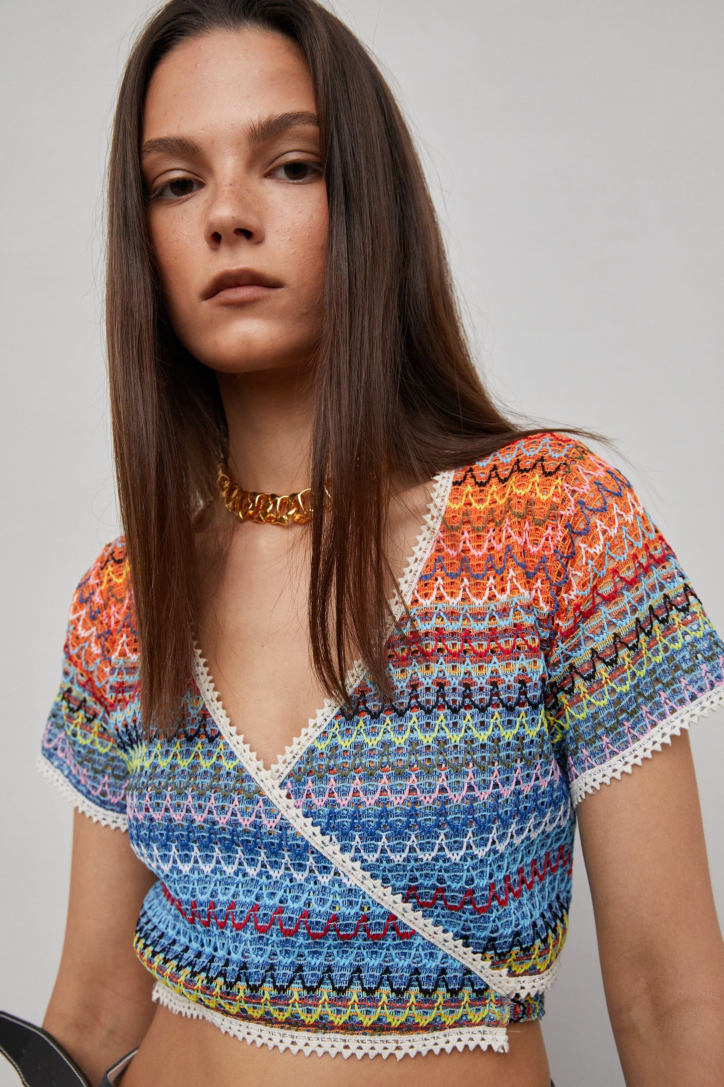 Rainbow Cropped Tie Knit Top, Orange & Blue