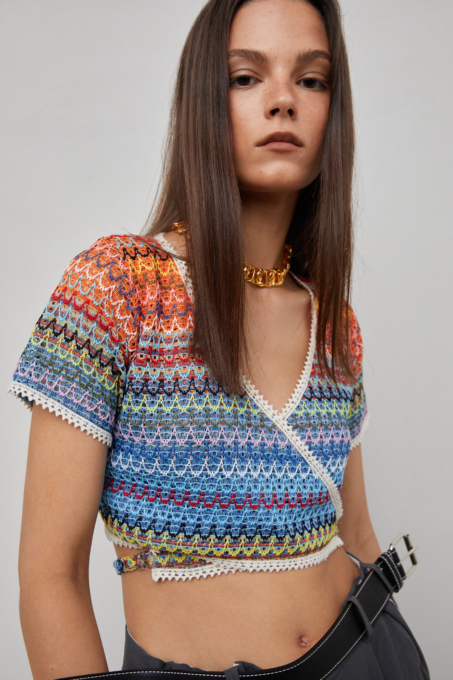 Rainbow Cropped Tie Knit Top, Orange & Blue